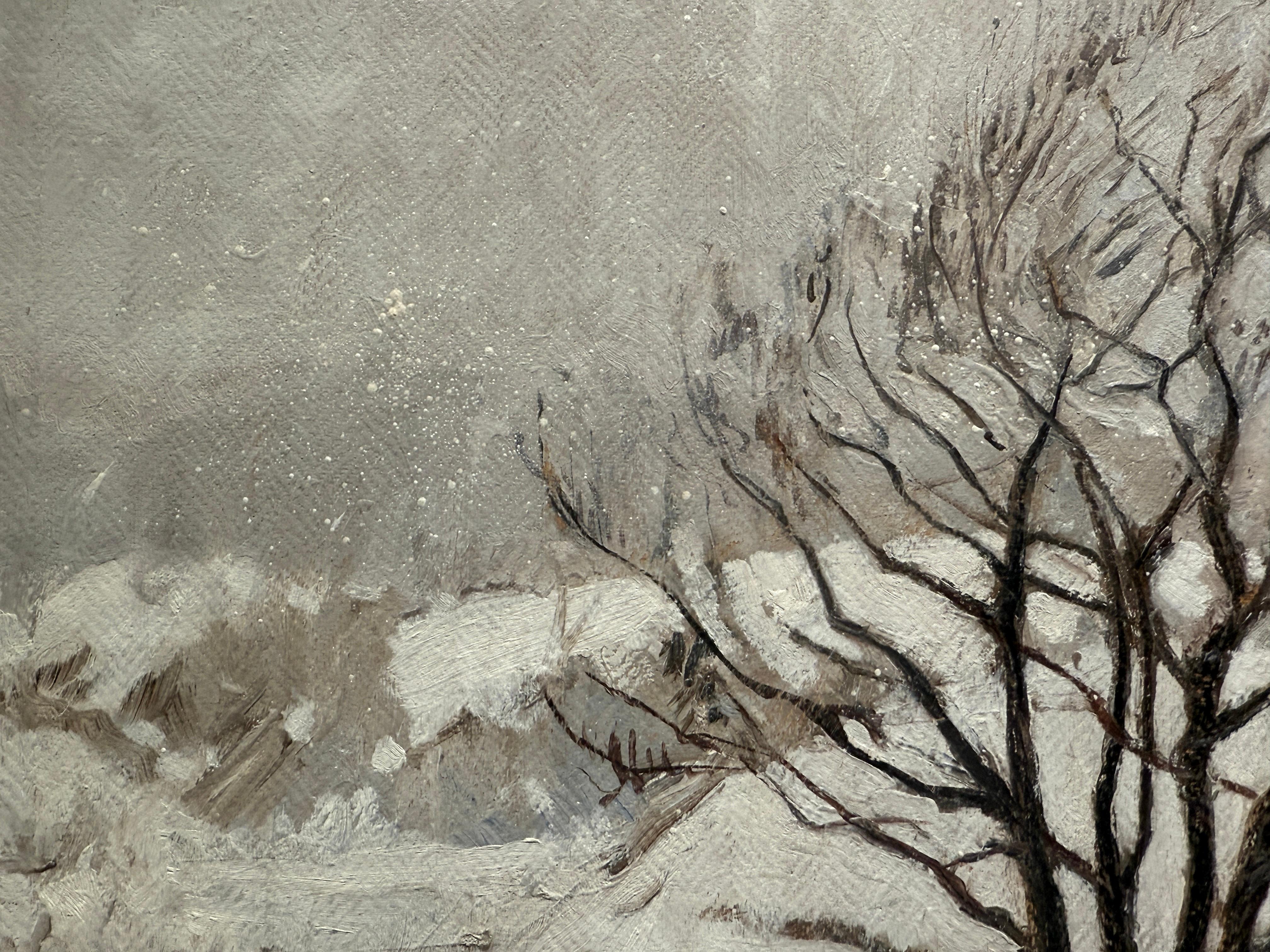 Peinture à l'huile réaliste de l'hiver norvégien, paysage et arbres recouverts de neige épaisse en vente 6
