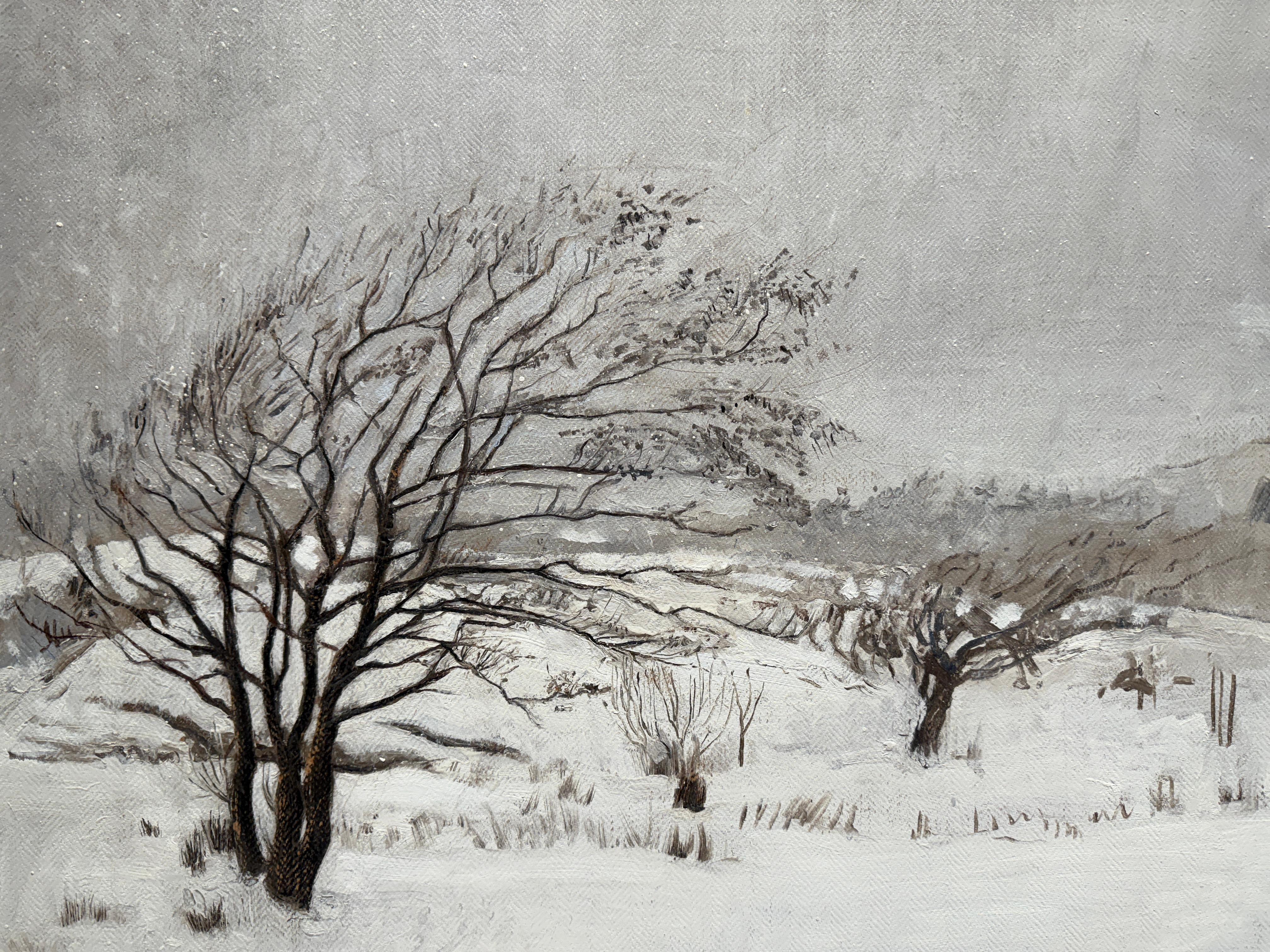 Peinture à l'huile réaliste de l'hiver norvégien, paysage et arbres recouverts de neige épaisse en vente 8