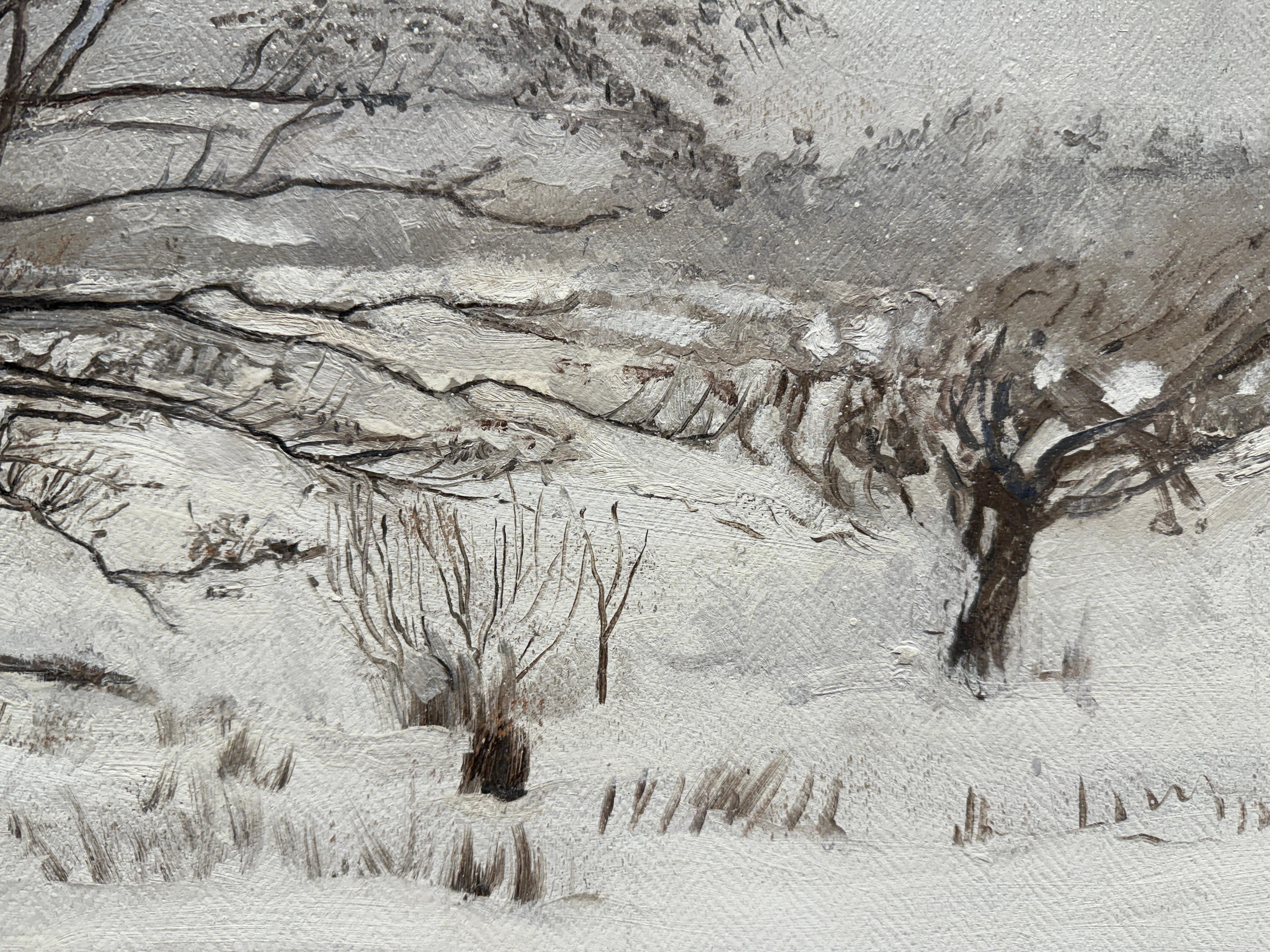 Peinture à l'huile réaliste de l'hiver norvégien, paysage et arbres recouverts de neige épaisse en vente 9