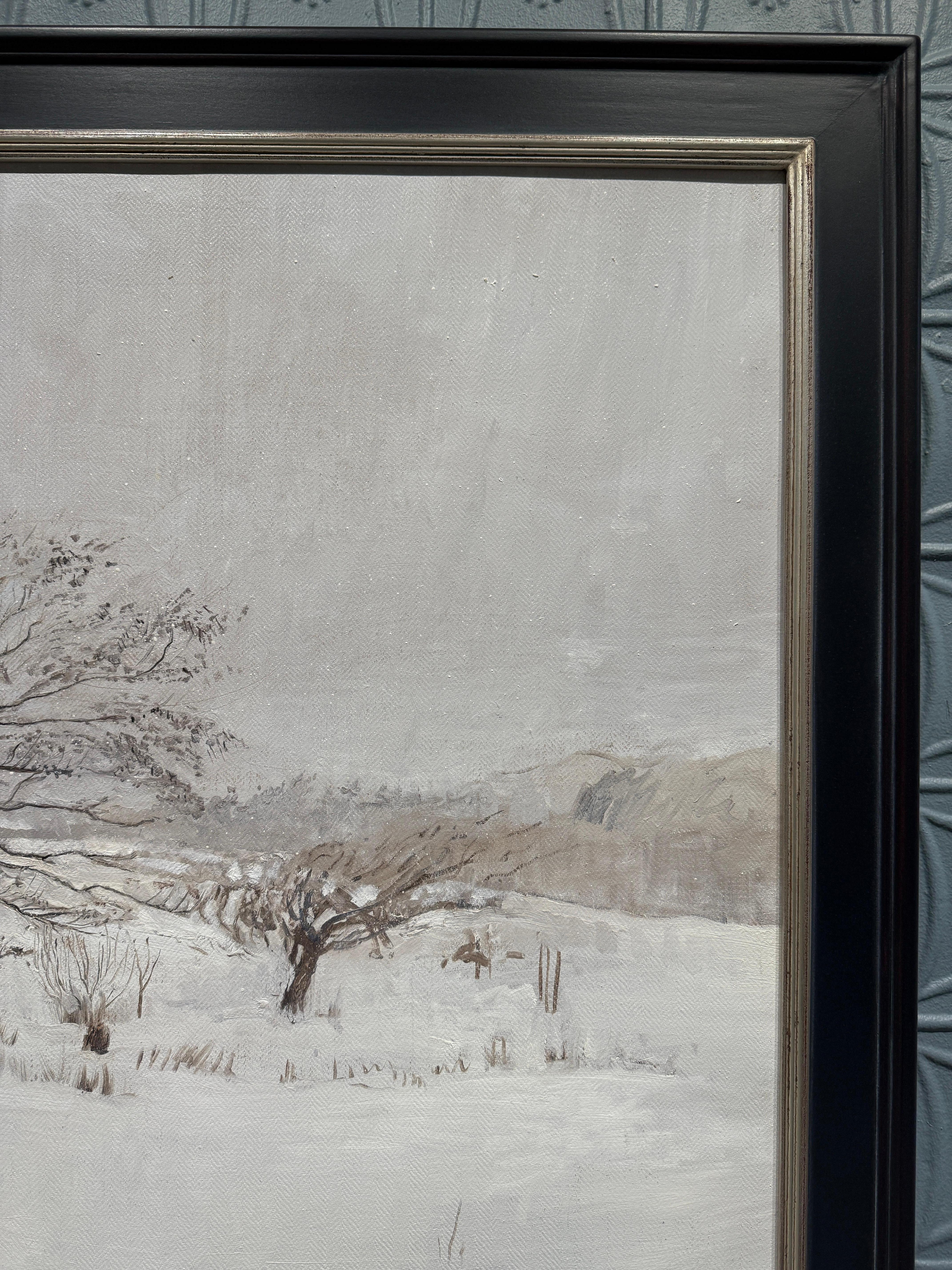 Peinture à l'huile réaliste de l'hiver norvégien, paysage et arbres recouverts de neige épaisse en vente 10