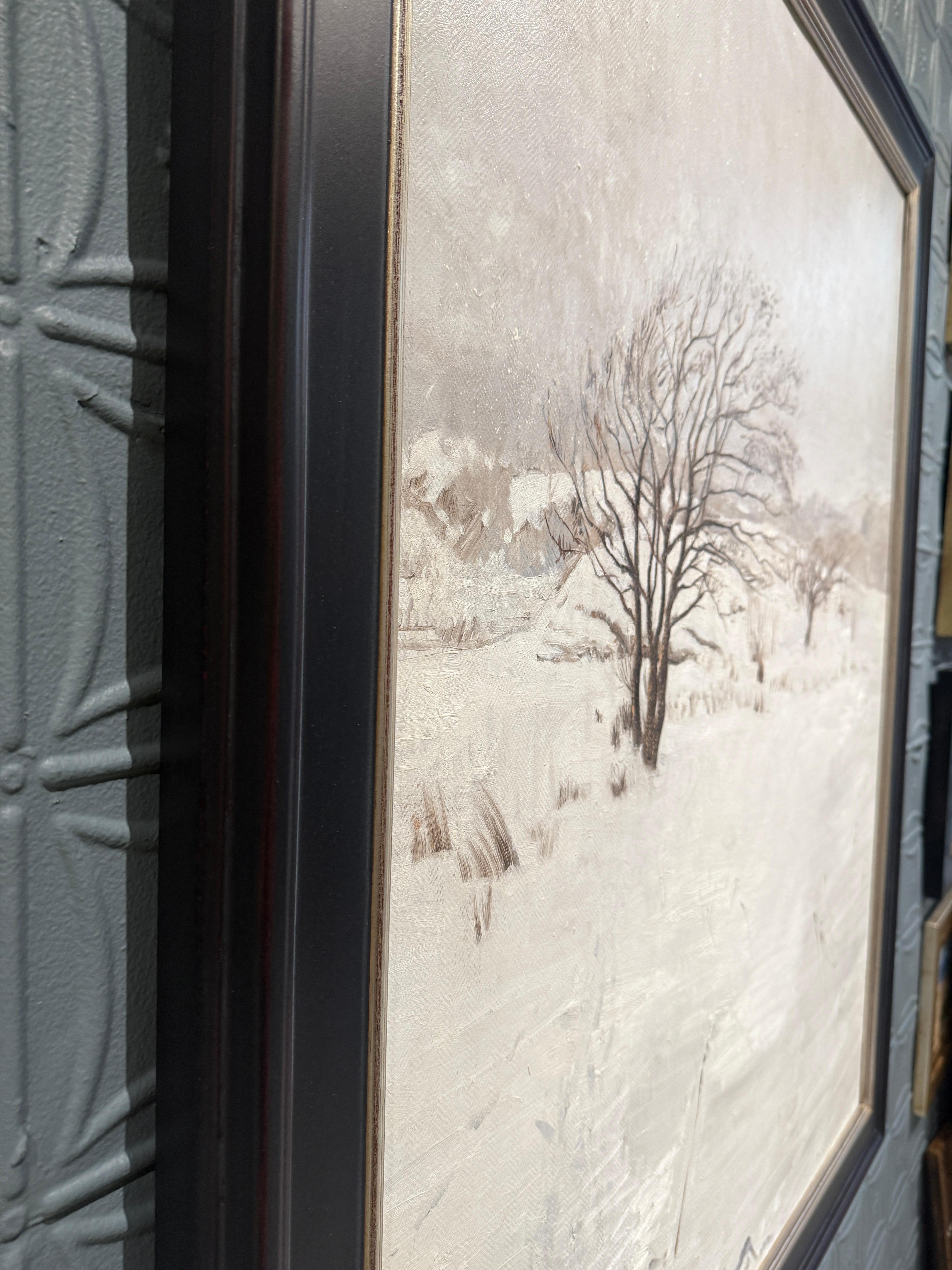 Peinture à l'huile réaliste de l'hiver norvégien, paysage et arbres recouverts de neige épaisse en vente 14