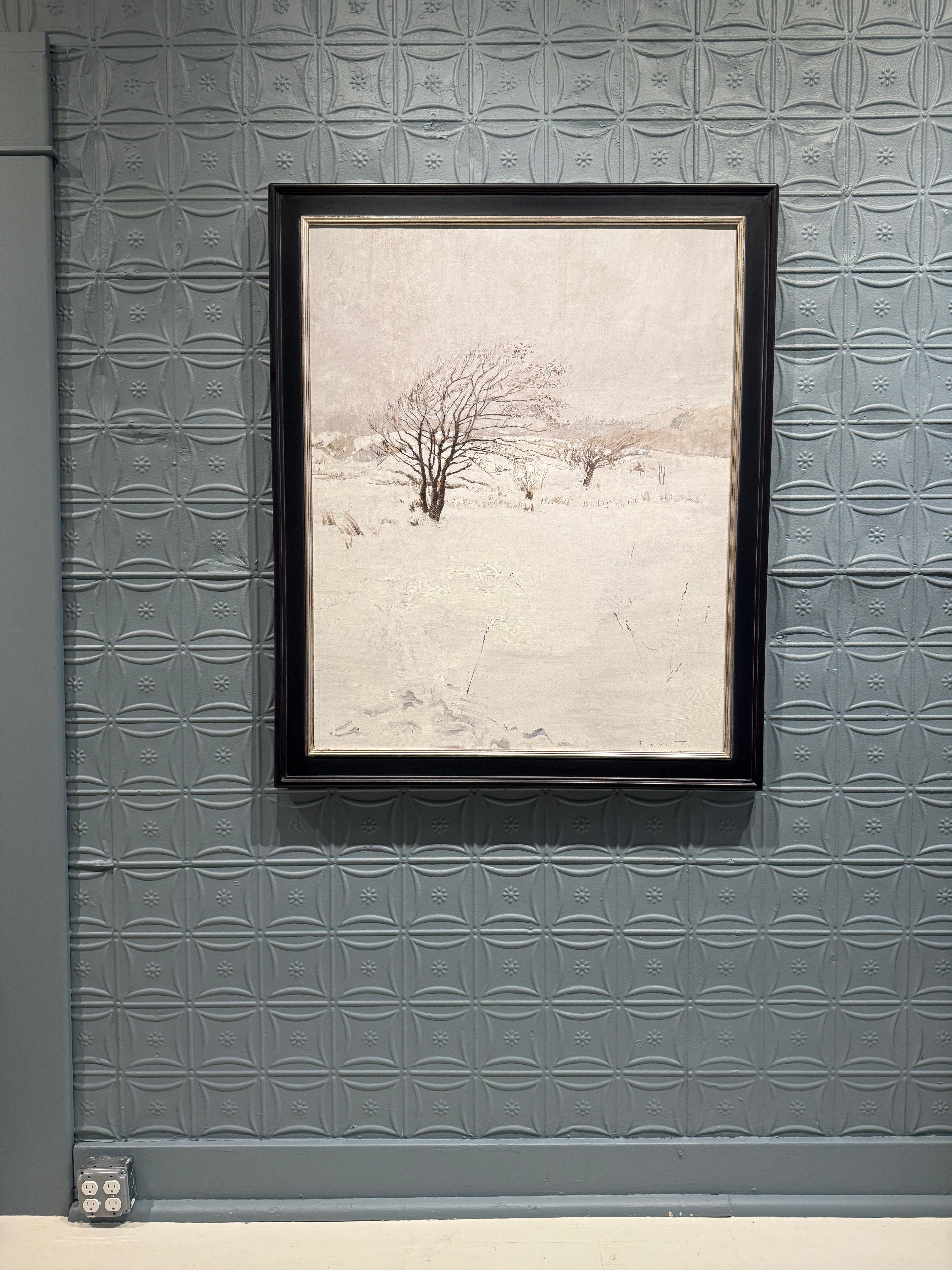 Peinture à l'huile réaliste de l'hiver norvégien, paysage et arbres recouverts de neige épaisse - Réalisme Painting par Rachel Personett
