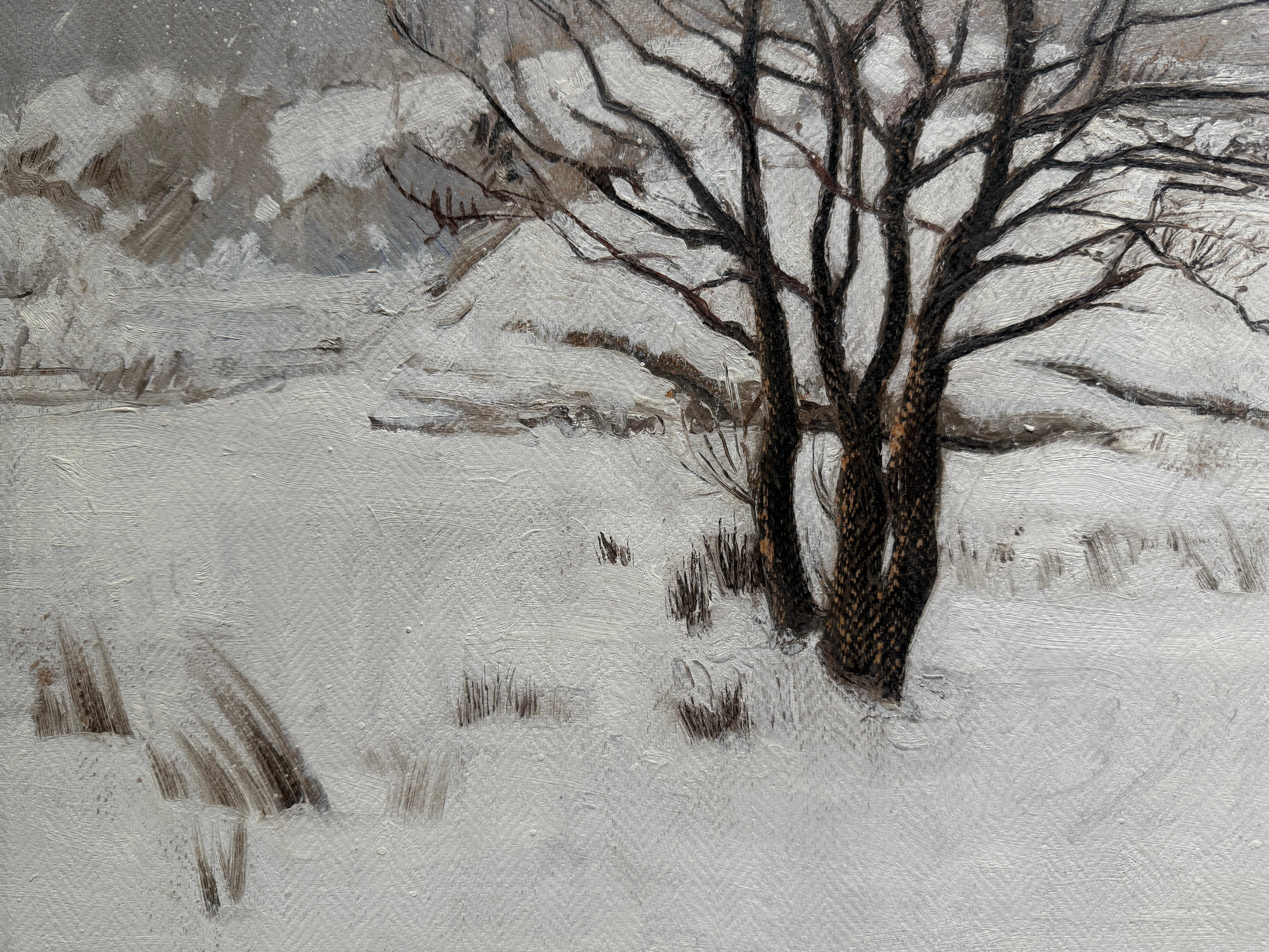 Peinture à l'huile réaliste de l'hiver norvégien, paysage et arbres recouverts de neige épaisse en vente 4