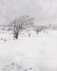 "Invierno noruego" Pintura al óleo realista, paisaje cubierto de nieve espesa y árboles