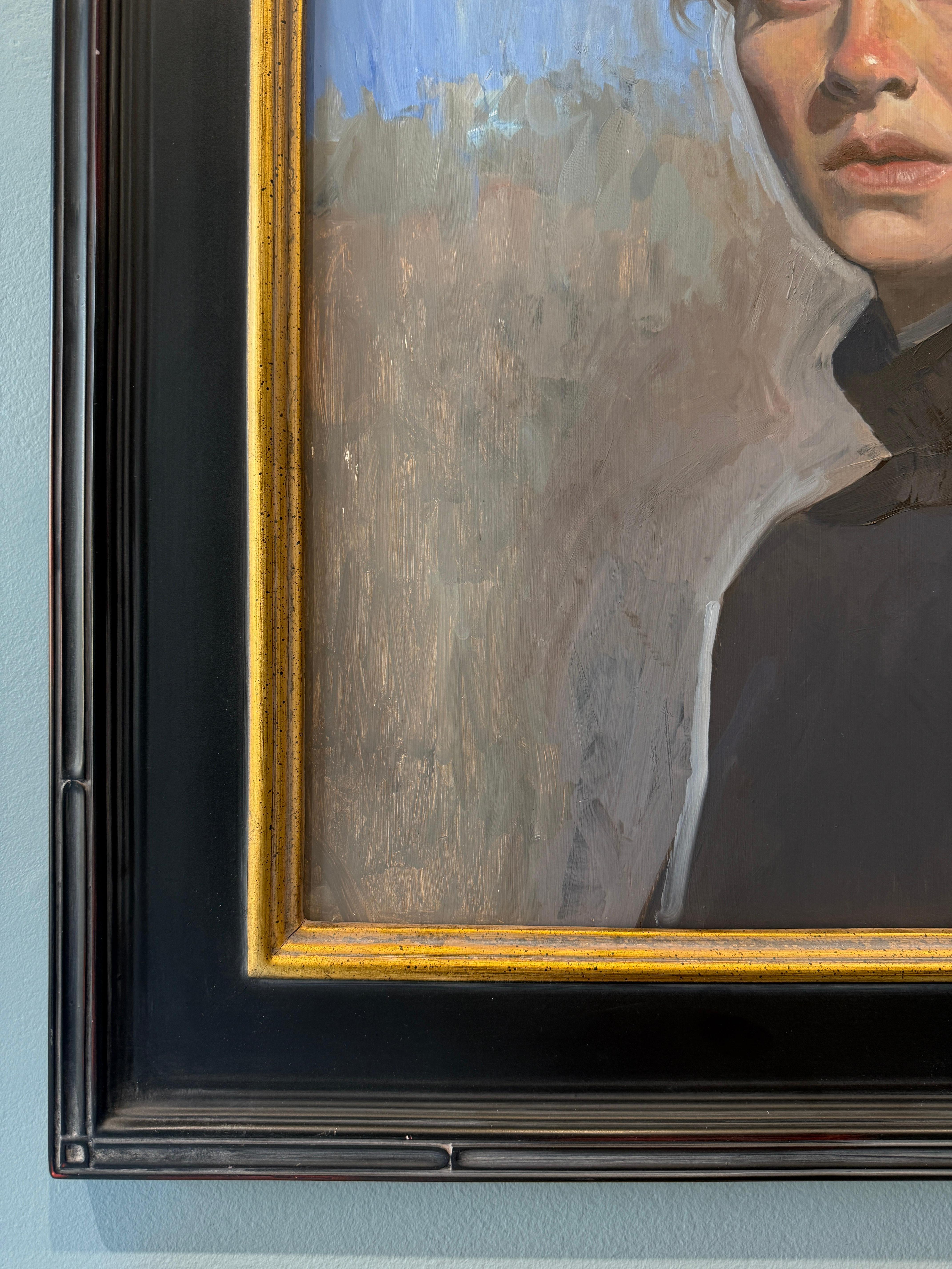 „Outdoor, Winter-Selbstporträt“ Realistisches Ölgemälde des Künstlers, im Freien (Grau), Figurative Painting, von Rachel Personett