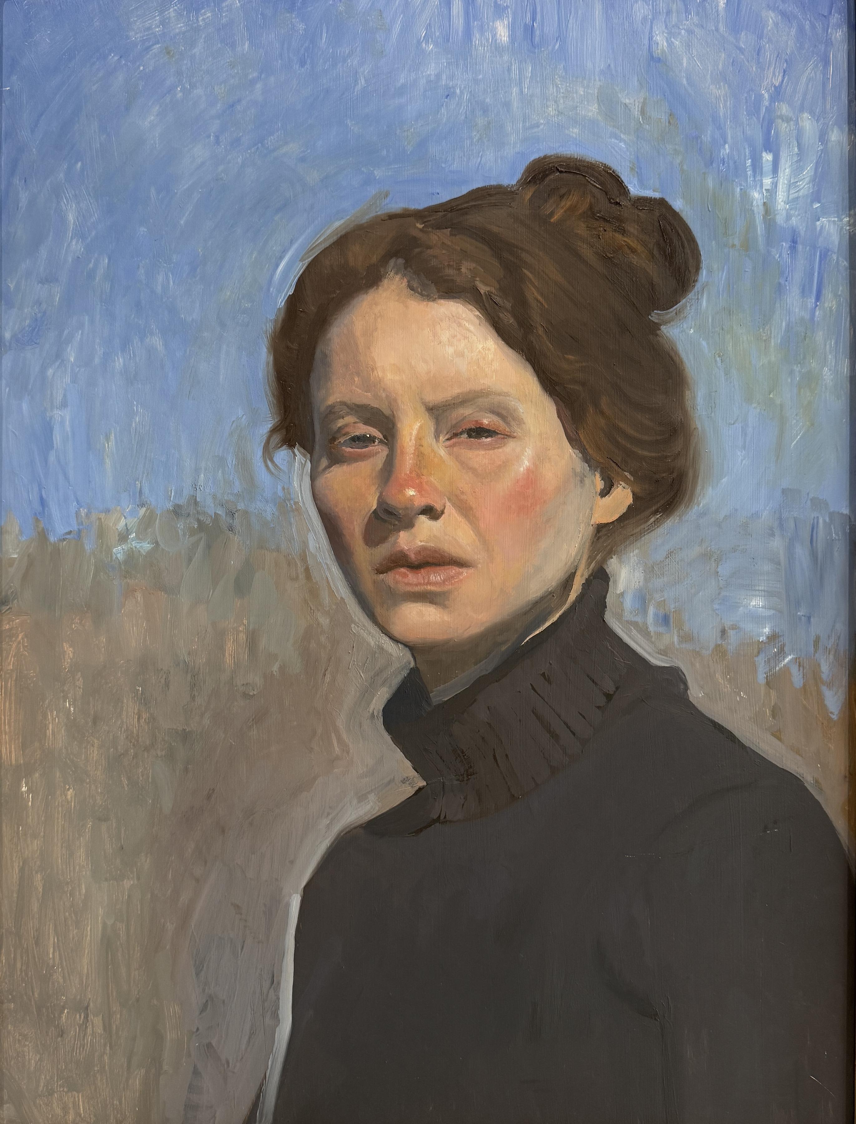 Rachel Personett Figurative Painting – „Outdoor, Winter-Selbstporträt“ Realistisches Ölgemälde des Künstlers, im Freien