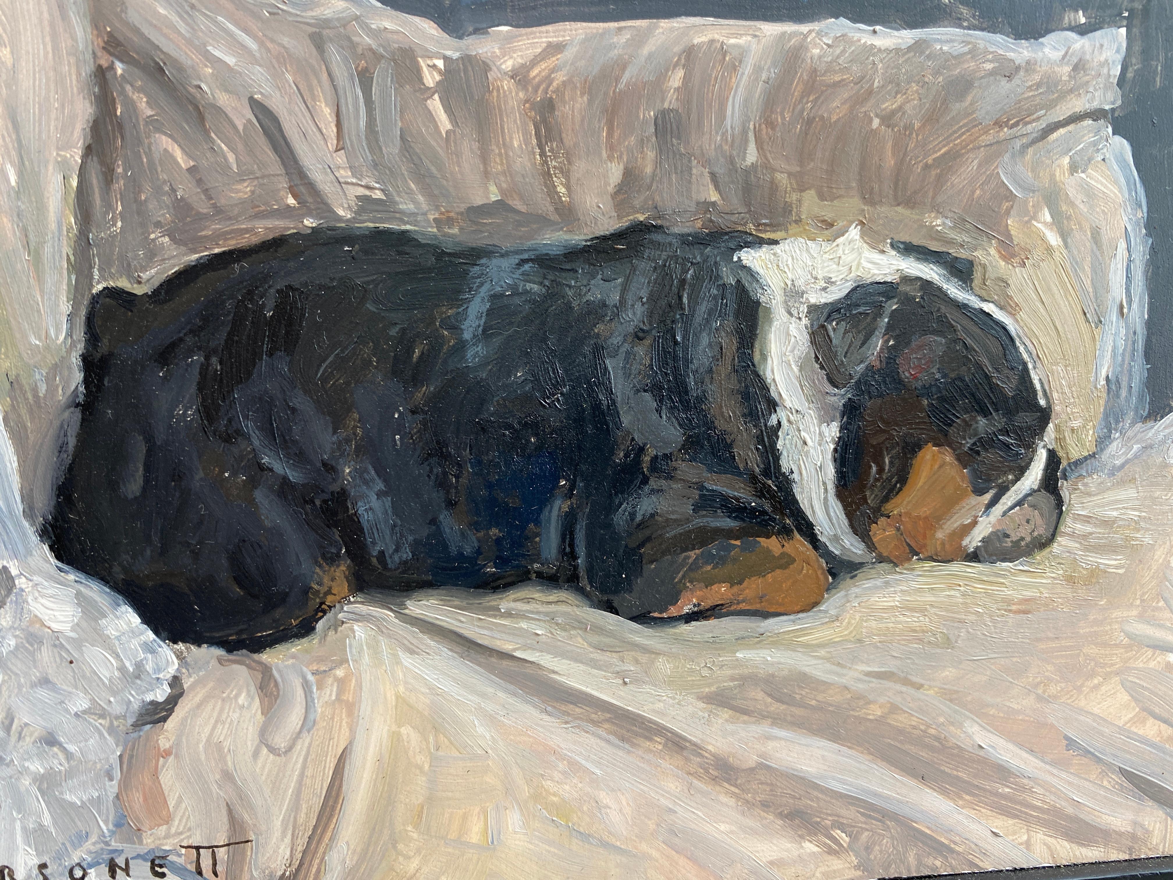 Peanut the Bulldog - Beige Animal Painting by Rachel Personett