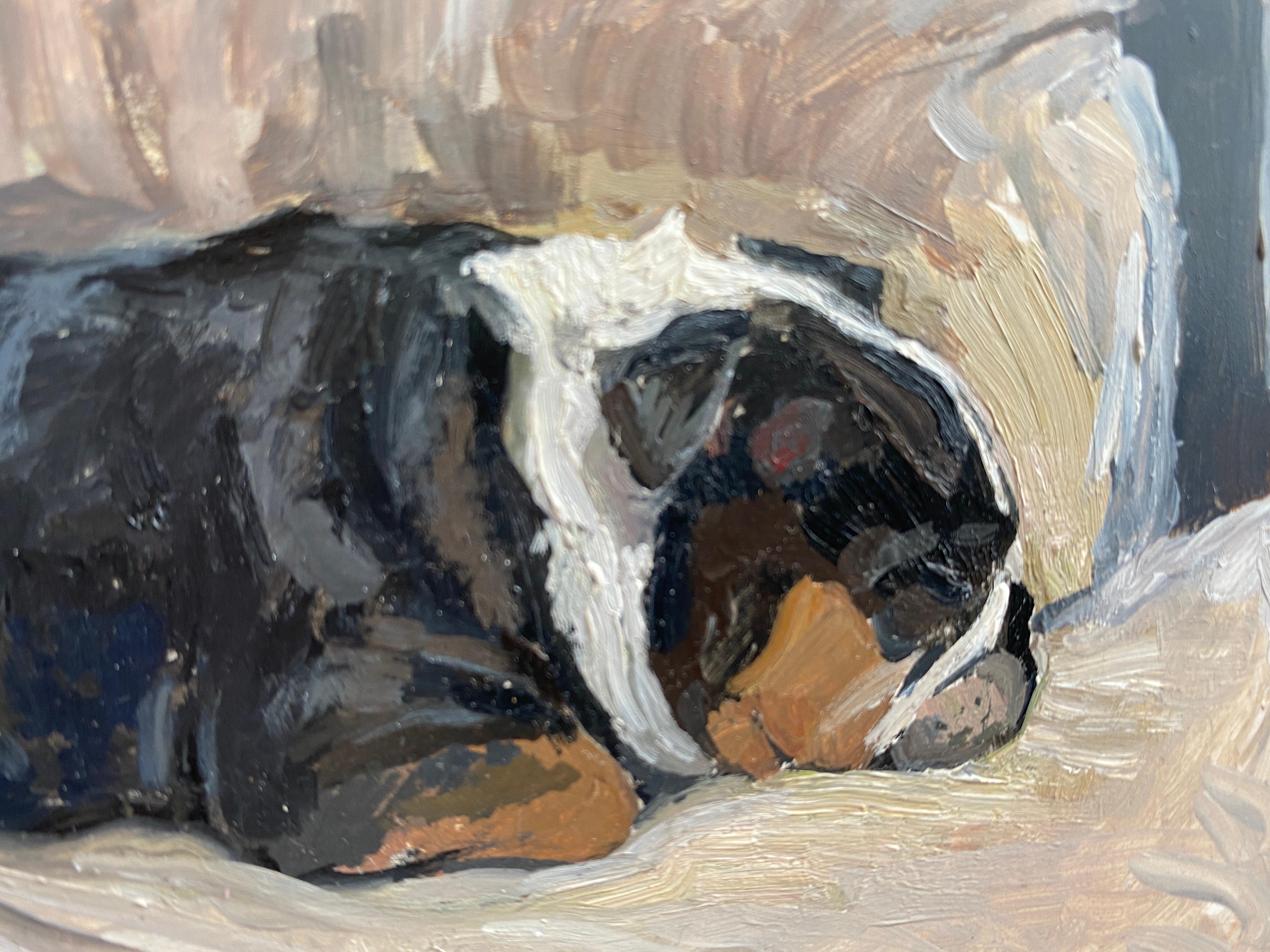 A miniature painting of a bulldog laying on a couch.

Painting dimensions: 4.25 x 6.5 inches
Framed dimensions: 5 x 7.25 inches

Framed in a simple black minimalist frame. (As pictured).

Artist Bio
Rachel Personett was born in Hawaii, but raised in