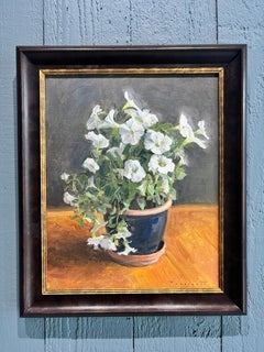 "Petunias" oil painting of white flowers in pot on table, springtime, realism