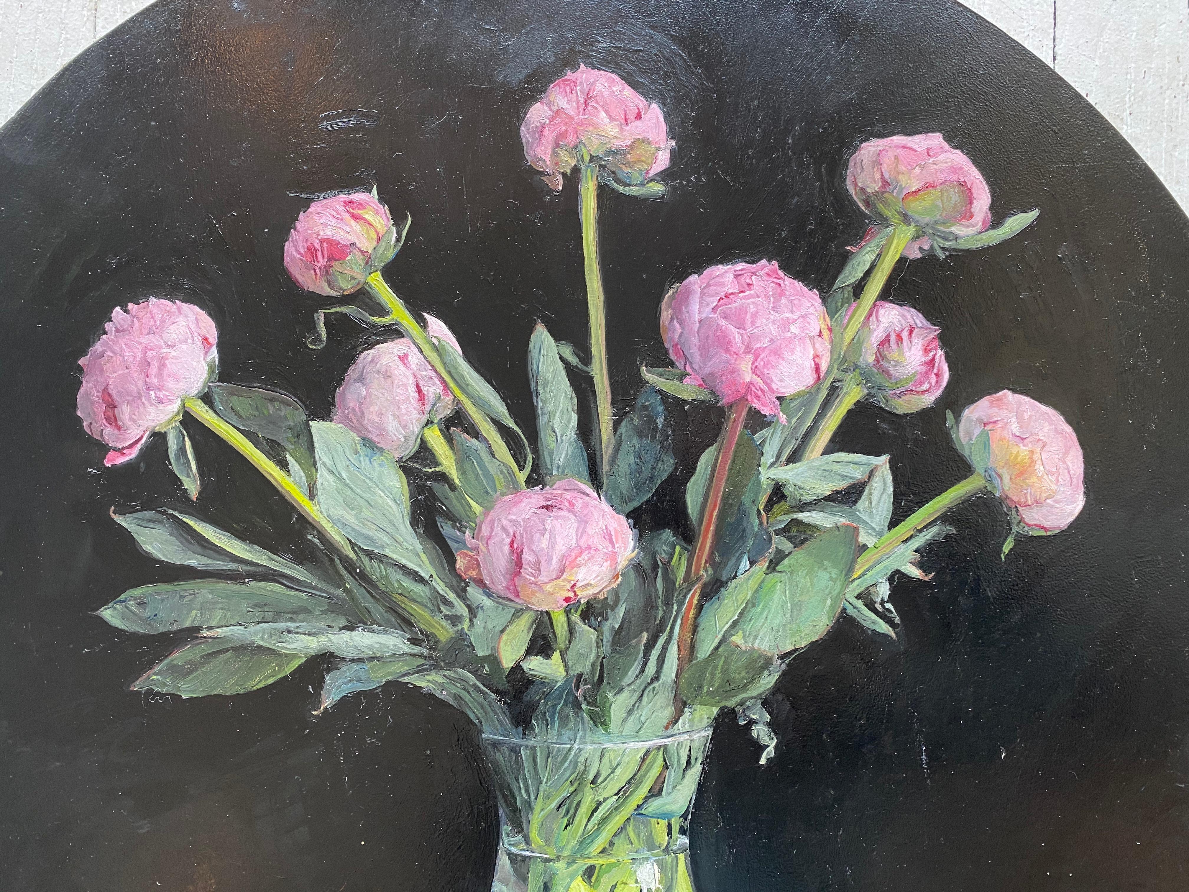 Pink Peonies was painted in the artist's studio, from direct observation. A circular aluminum panel, otherwise known as a 