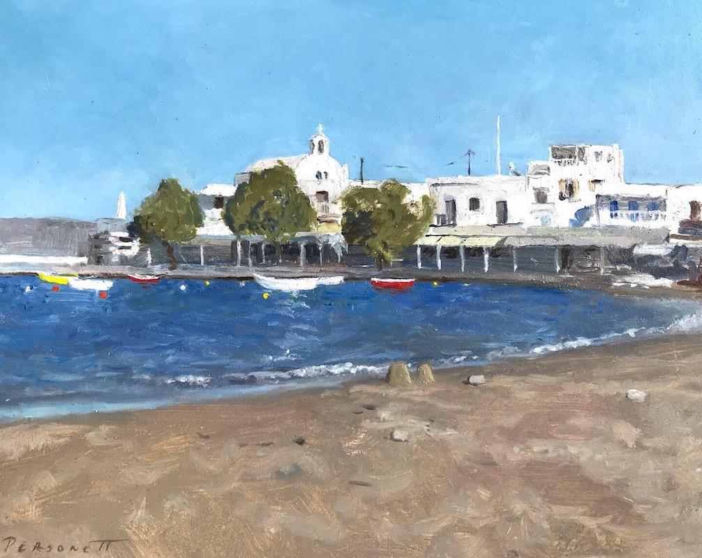 Rachel Personett Figurative Painting - "Pollonia Beach" small plein-air seascape painting of beach in Greece