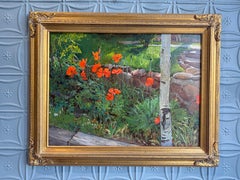 "Poppies" contemporary realist oil painting, garden landscape, ornate gold frame