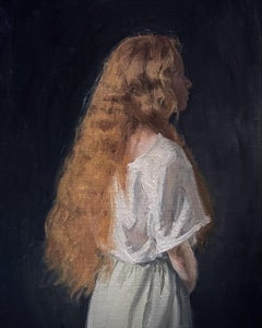 "Portrait of Hair" Realist oil painting, woman in white dress with long hair