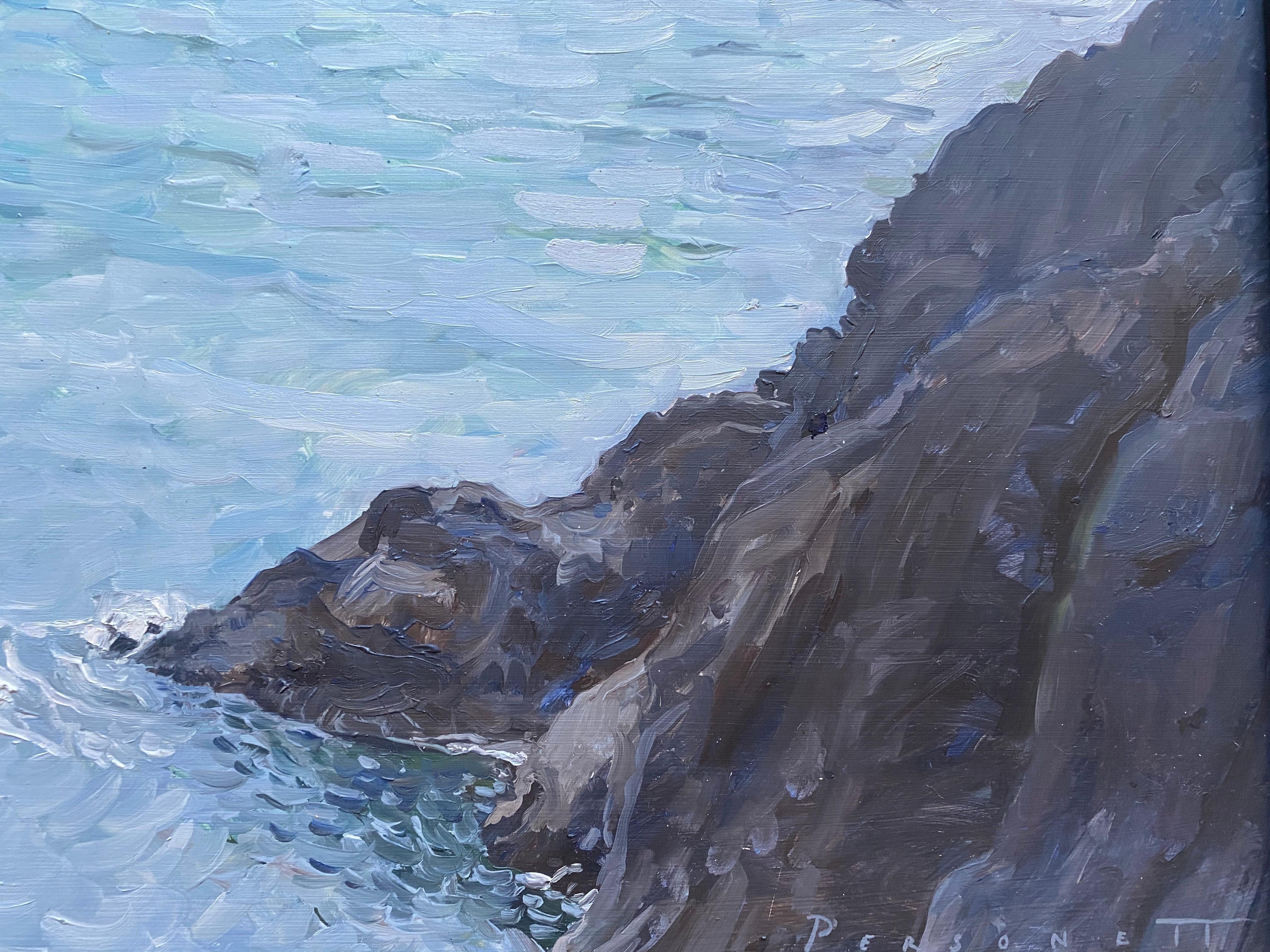 An oil painting of a rocky inlet on a hazy day. 

Artist Bio
Rachel Personett was born in Hawaii, but raised in Colorado. Being the daughter of a pilot she has always traveled extensively. She has studied part time at the Savannah College of Art and