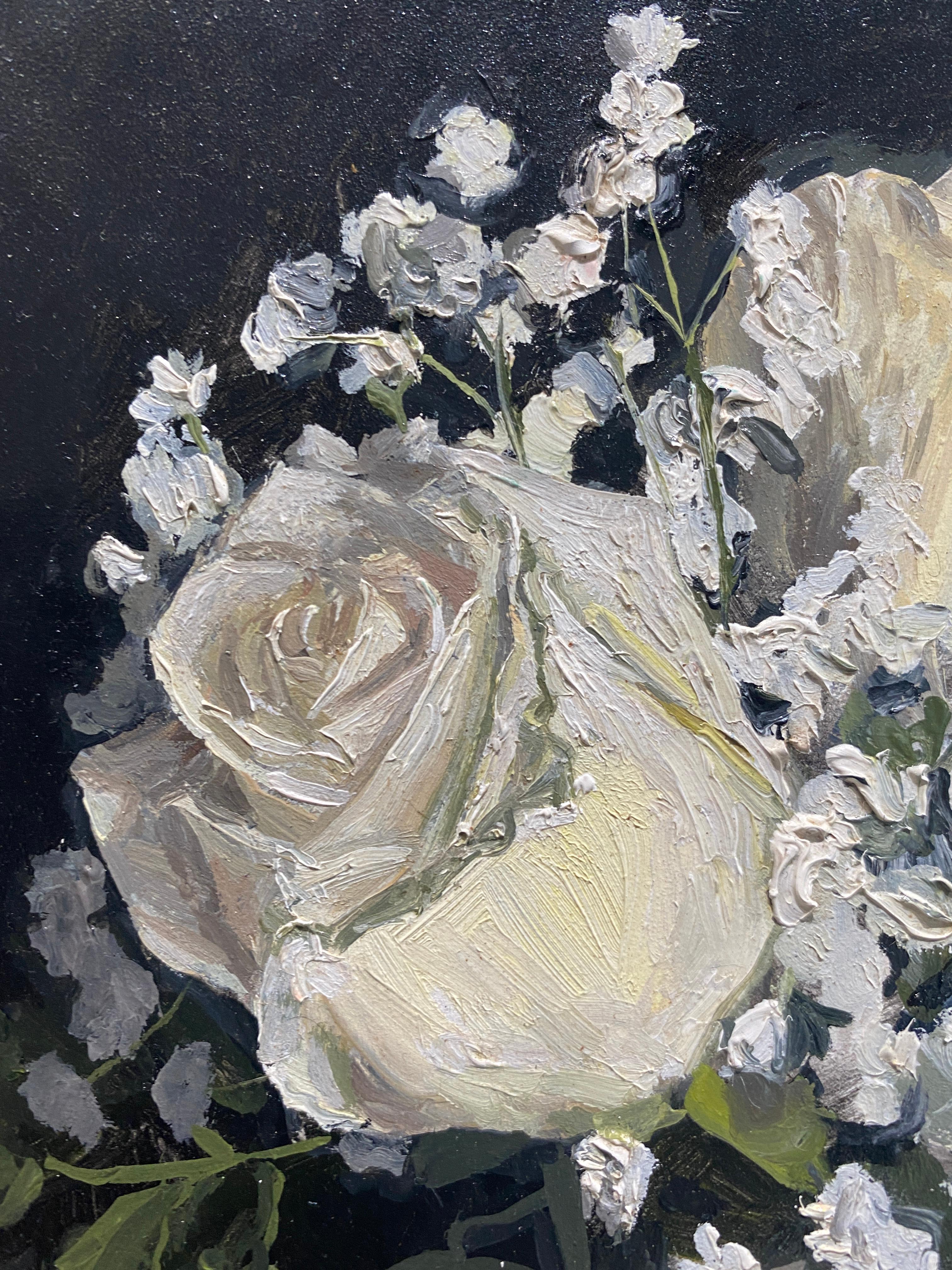 Roses and Babys  Breath - American Realist Painting by Rachel Personett