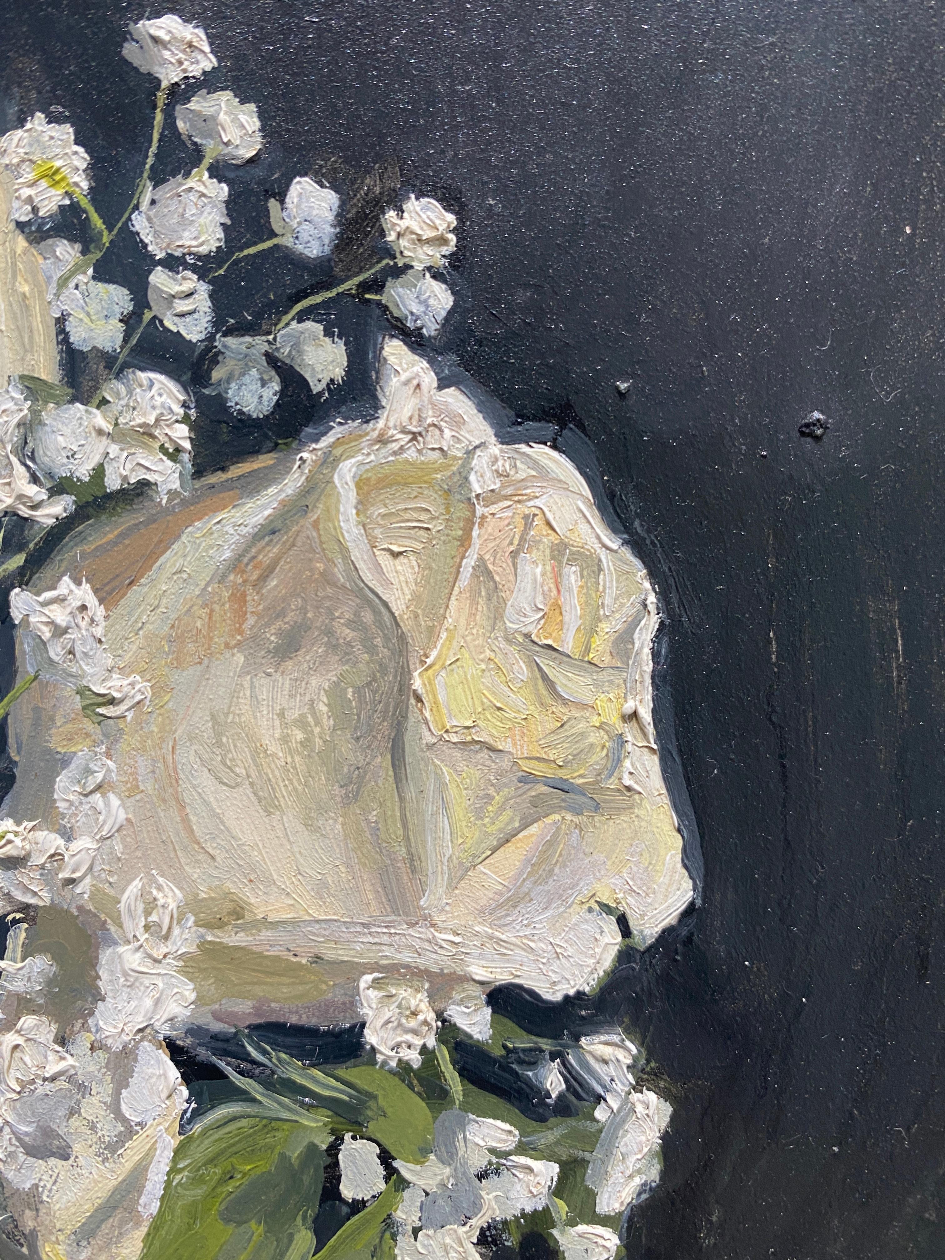 Painted from life, a grouping of white roses and baby's breath in a small round glass vase. 

Signed 