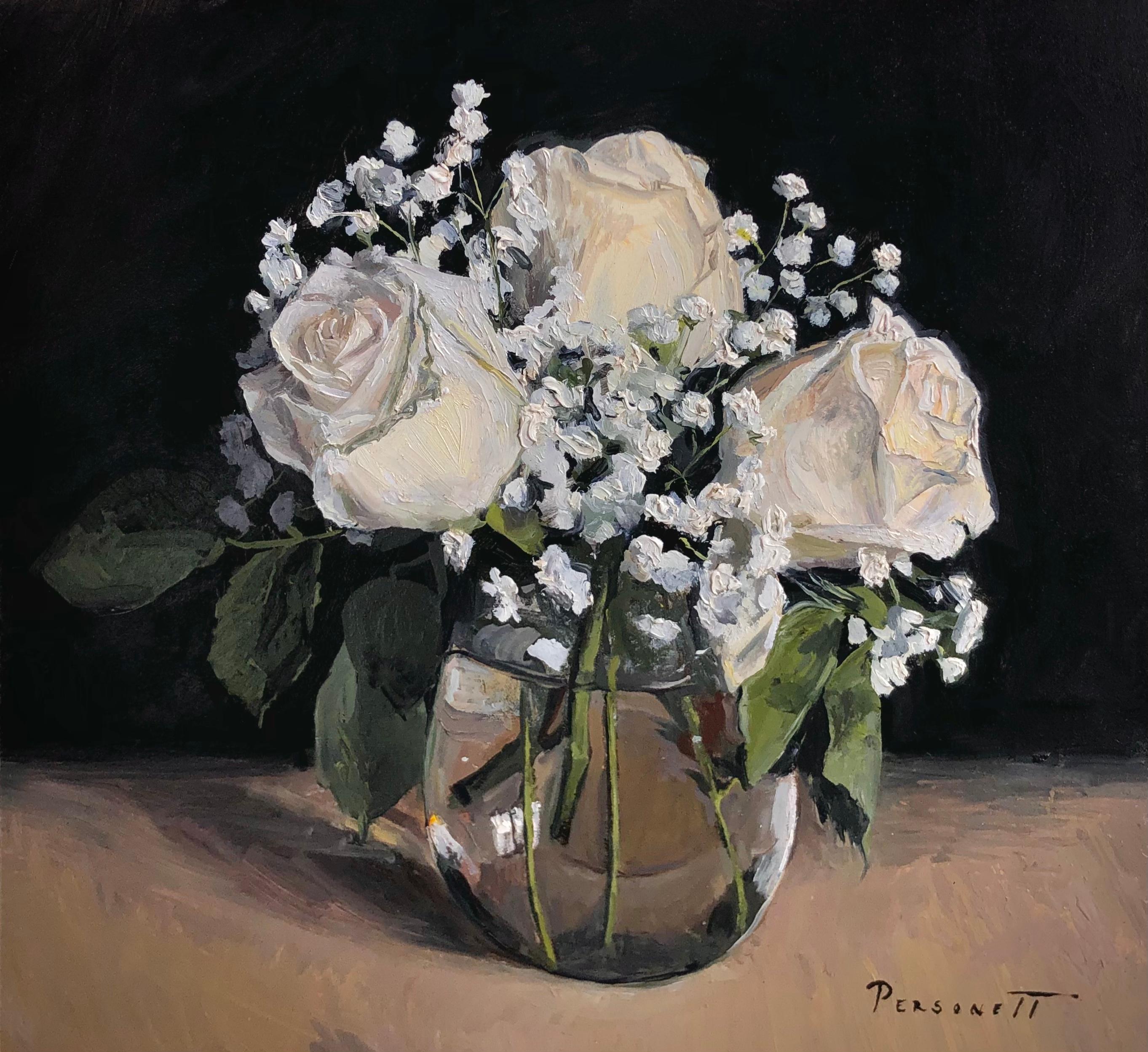 Rachel Personett Still-Life Painting - Roses and Babys  Breath