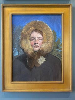 "Self Portrait in Fox Hood" oil painting of artist, fur winter coat, sunlit face