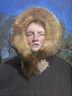 "Self Portrait in Fox Hood" oil painting of artist, fur winter coat, sunlit face