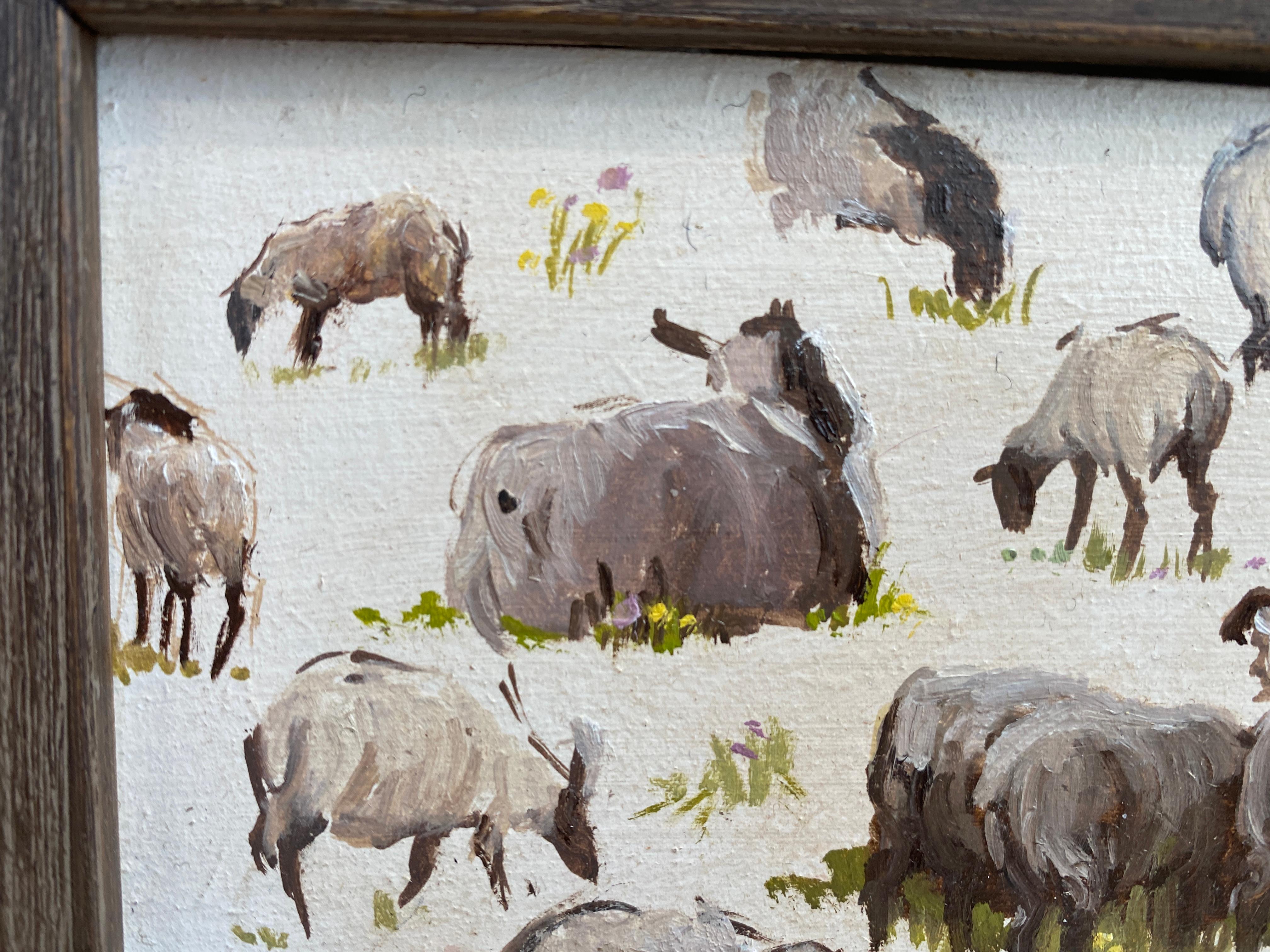 A miniature painting of sheep, as seen from various angles. A study for a larger composition. 

Painting dimensions: 3.38 x 6 inches
Framed dimensions: 8 x 10.25 inches

Framed in a natural-washed wood, traditional frame. 

Artist Bio
Rachel