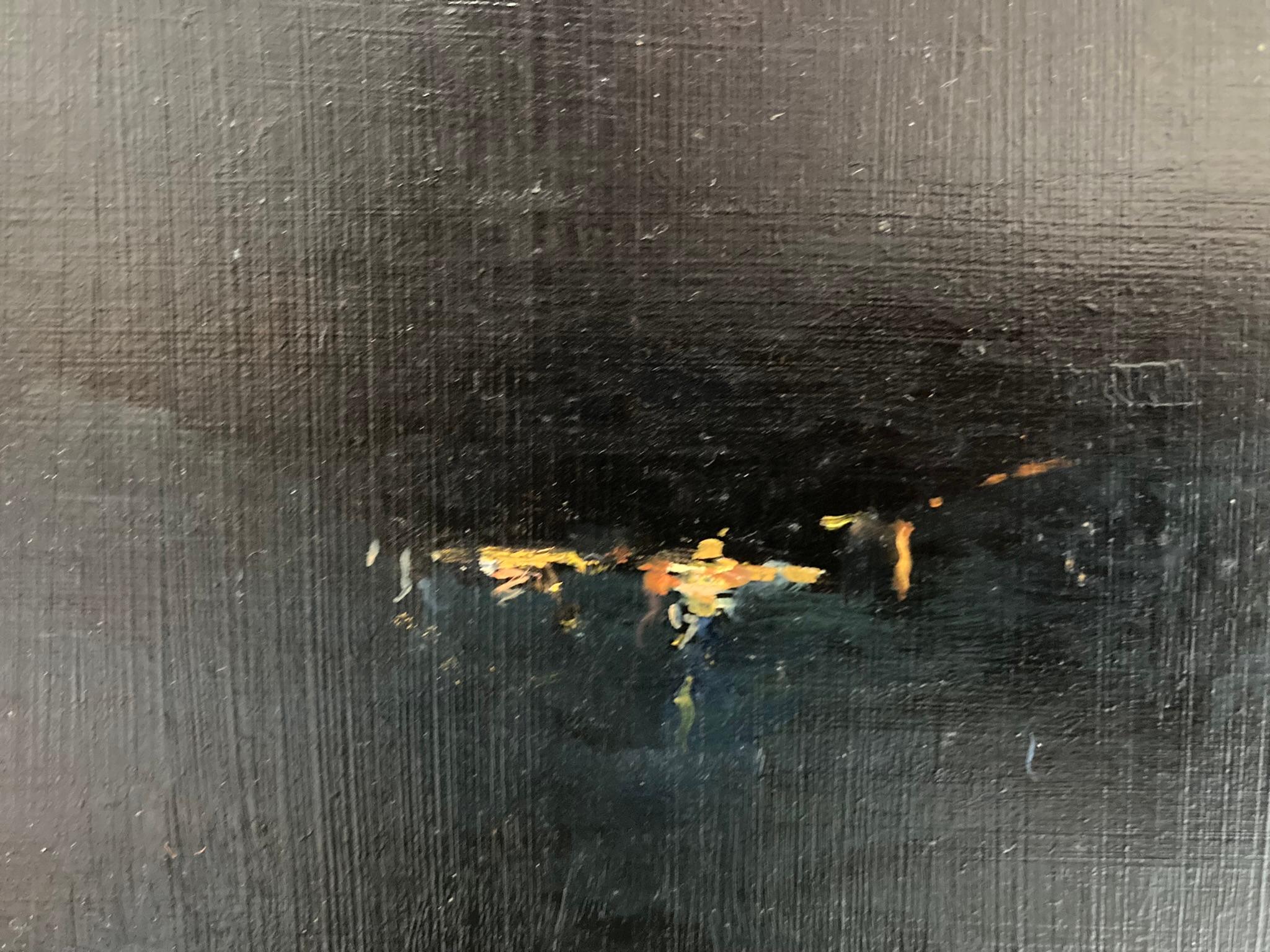 « St. Michaels Mount Nocturne », peinture à l'huile d'un monument emblématique illuminée de nuit - Réalisme américain Painting par Rachel Personett