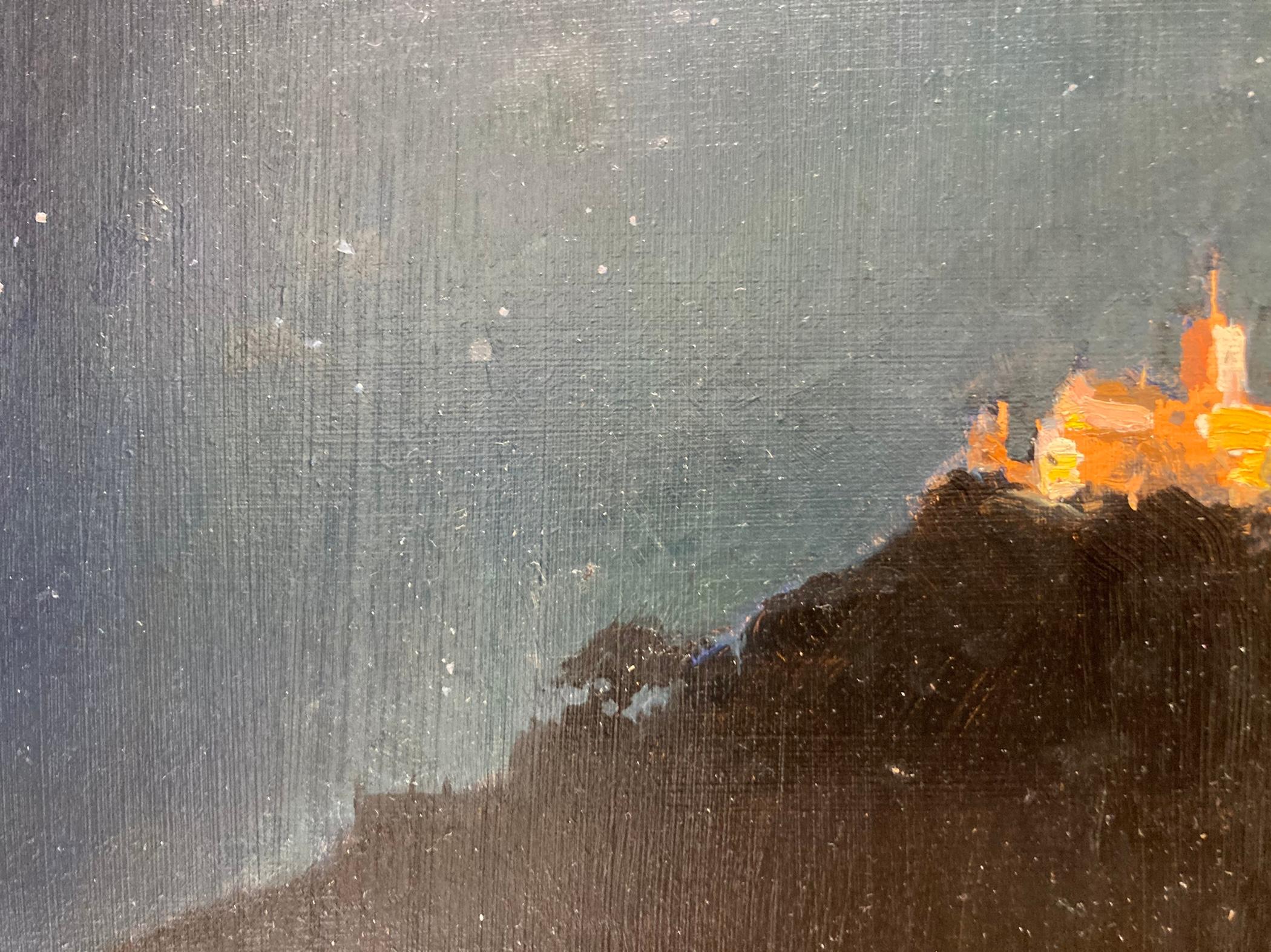 « St. Michaels Mount Nocturne », peinture à l'huile d'un monument emblématique illuminée de nuit en vente 2