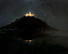 "St. Michaels Mount Nocturne" oil painting, tidal island near Penzance, Cornwall