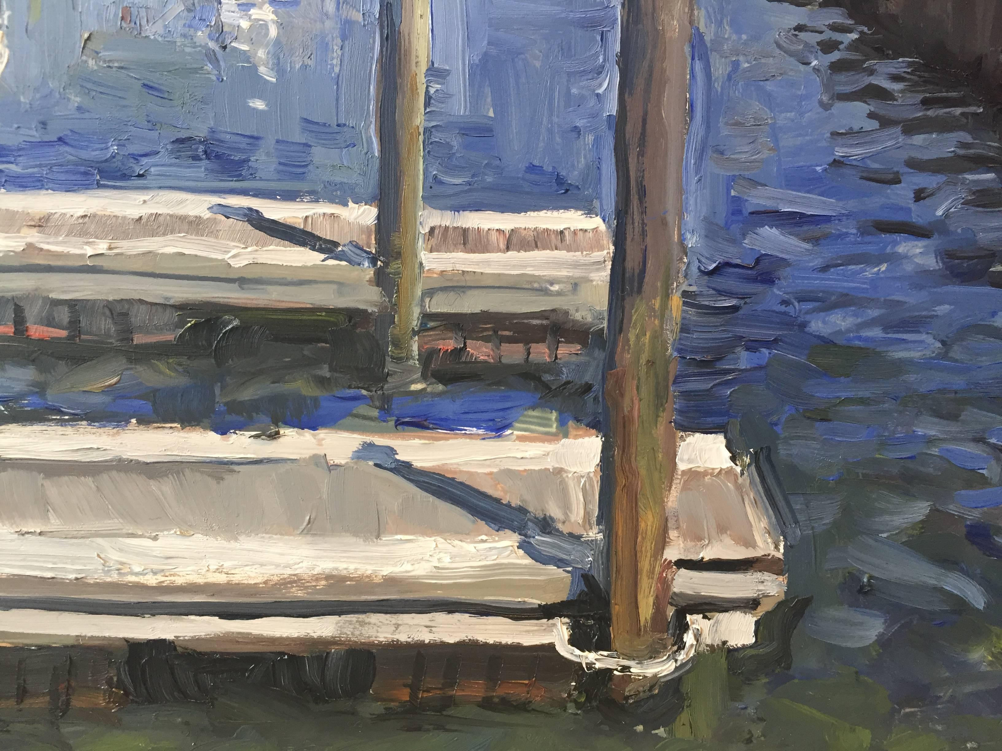 The Docks in April - Gray Landscape Painting by Rachel Personett
