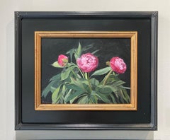 "Three Magenta Peonies" contemporary realist oil painting pink flowers on black