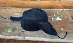 "Ushanka" realist oil painting, fur-trim Russian hat on wood, signed and framed