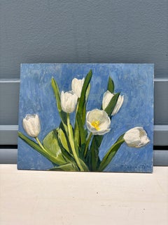 ”White Tulips” oil painting, of spring flowers on blue background, artist signed