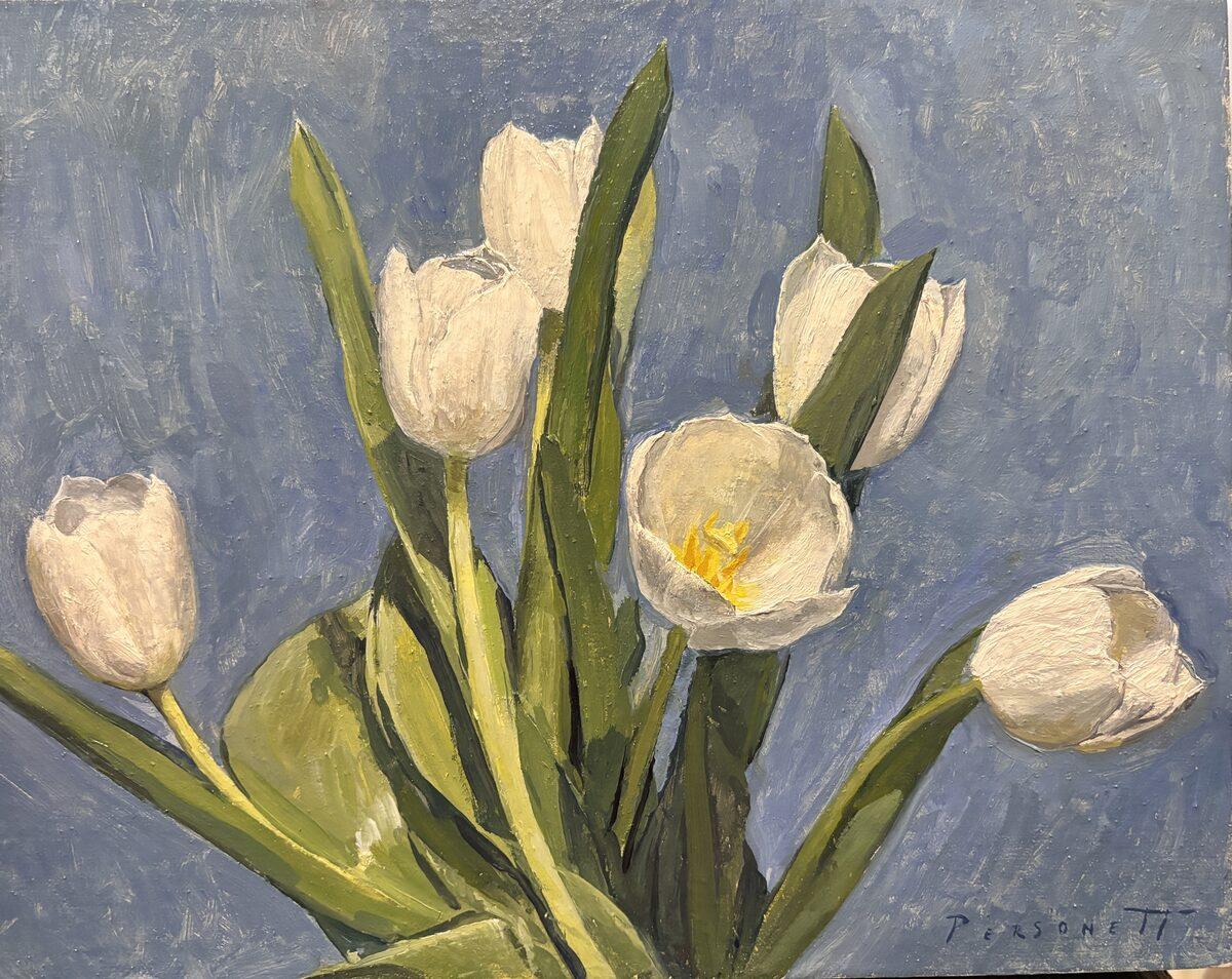 Rachel Personett Still-Life Painting - ”White Tulips” oil painting, of spring flowers on blue background, artist signed