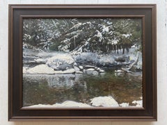 "Winter River" 2018 contemporary realist plein air oil painting, snowy landscape