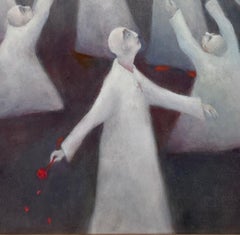 Elegy for Red: surrealist oil painting, figures in ritual, dance, prayer worship