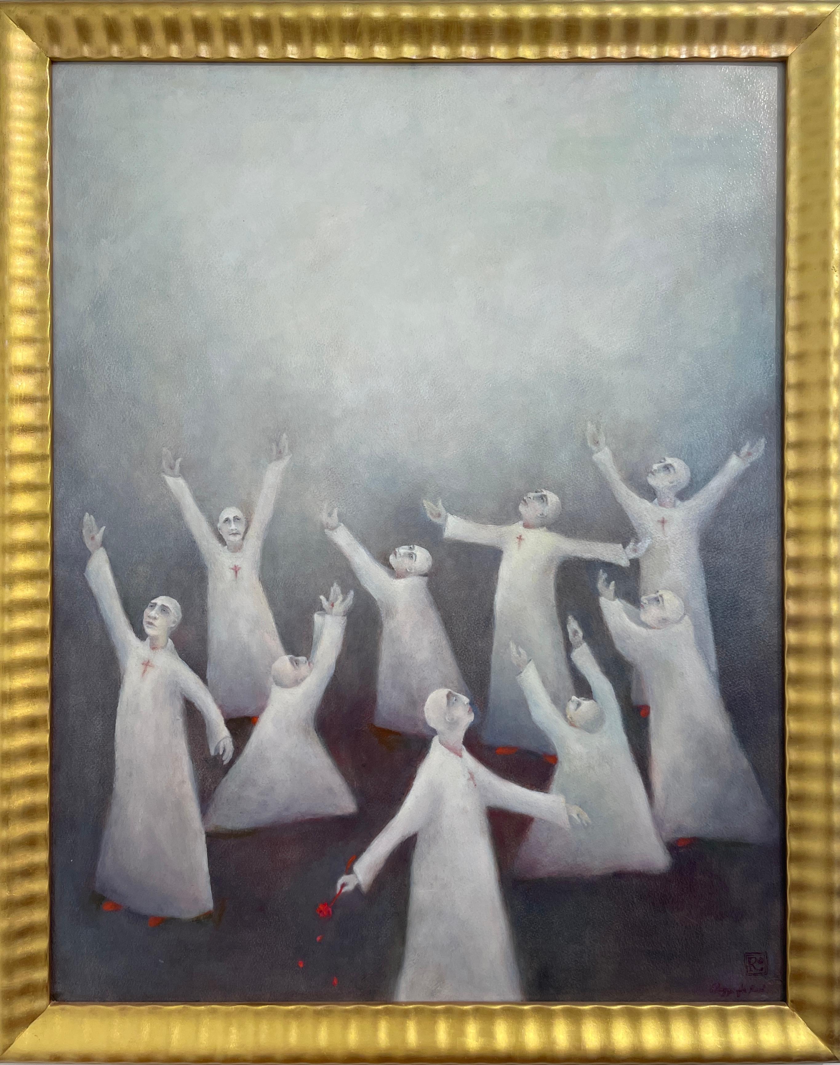 Elegy for Red: surrealist oil painting, figures in ritual, dance, prayer worship