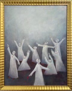 Elegy for Red: surrealist oil painting, figures in ritual, dance, prayer worship