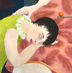 Soothsayer: framed surrealist oil painting, figures with bird, feathers, spirits