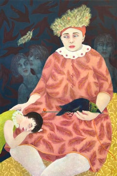 Soothsayer: framed surrealist oil painting, figures with bird, feathers, spirits