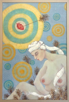 When the Rain Comes: large framed surrealist oil painting w/ nude, heart & arrow