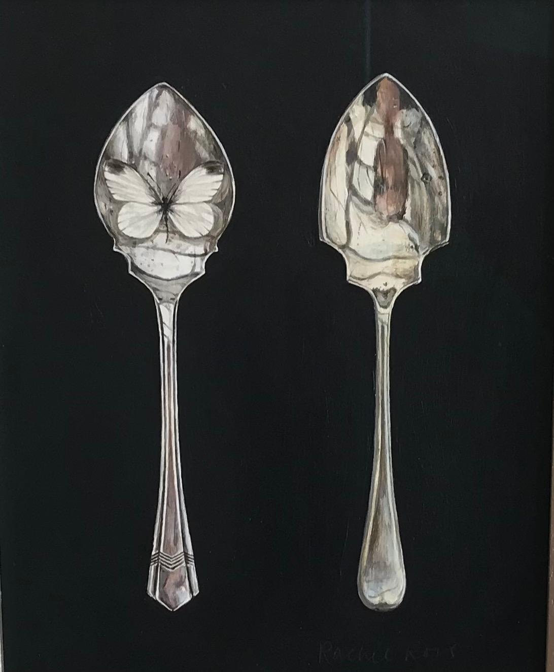 Rachel Ross Still-Life Painting - 'Jam Spoons with White Butterfly'' Contemporary Still Life with Jam Spoons 