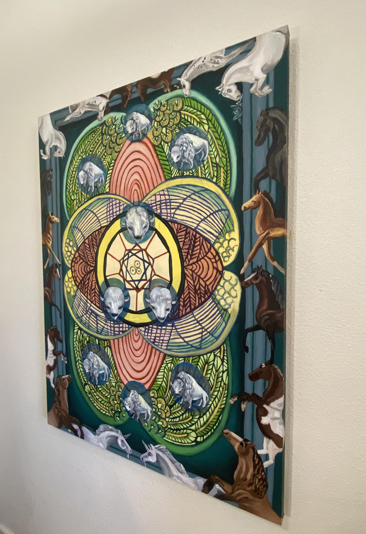 <p>Artist Comments<br />The artwork depicts the Nine of Pentacles card, symbolizing rapidly growing success, incoming financial satisfaction, and wealth. White bison figures represent coins or monetary units, conveying a mythical message that
