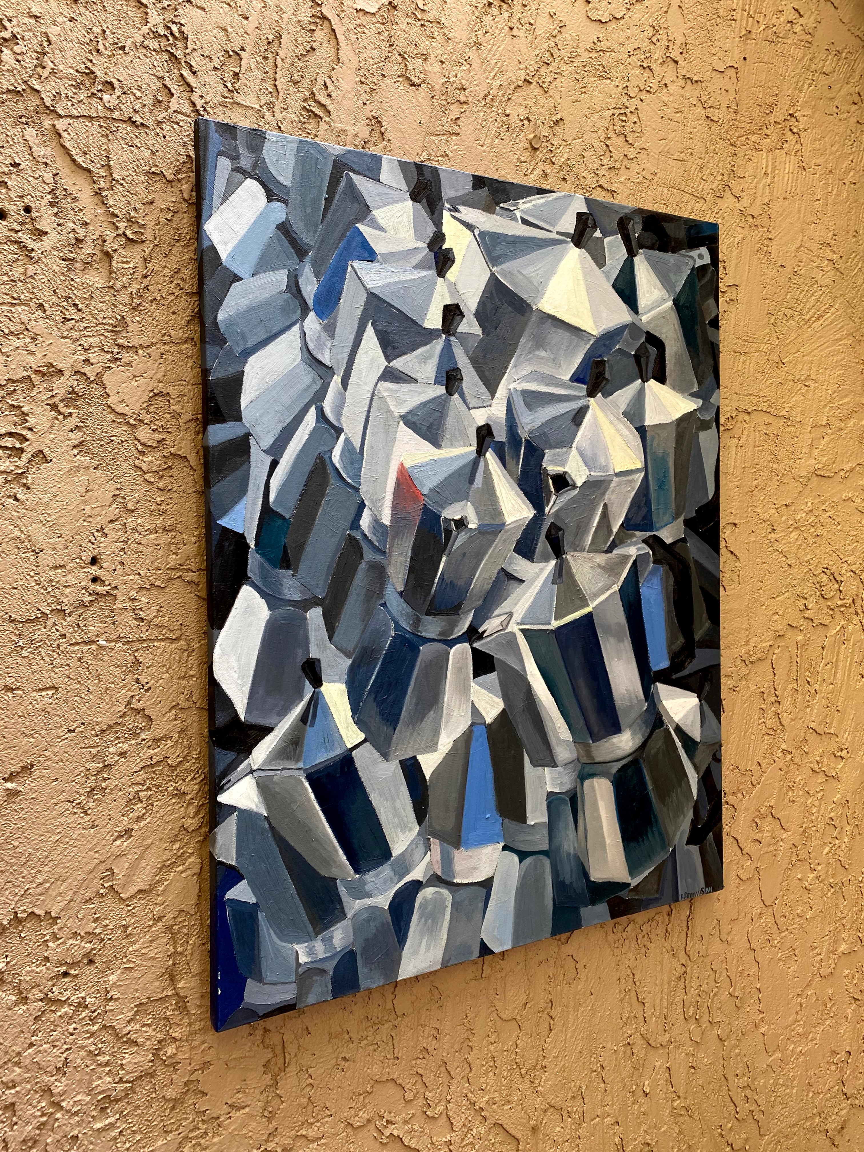 Caffè Blue Chip, pittura ad olio astratta - Painting di Rachel Srinivasan