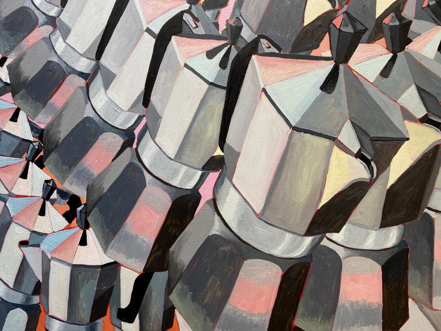 <p>Artist Comments<br />Inspired by the colors of the southwest sunset and Georgia O'Keeffe, artist Rachel Srinivasan creates a repeated pattern of cafetieres against pink and orange tones. Peach-colored light reflects on each coffee pot as it