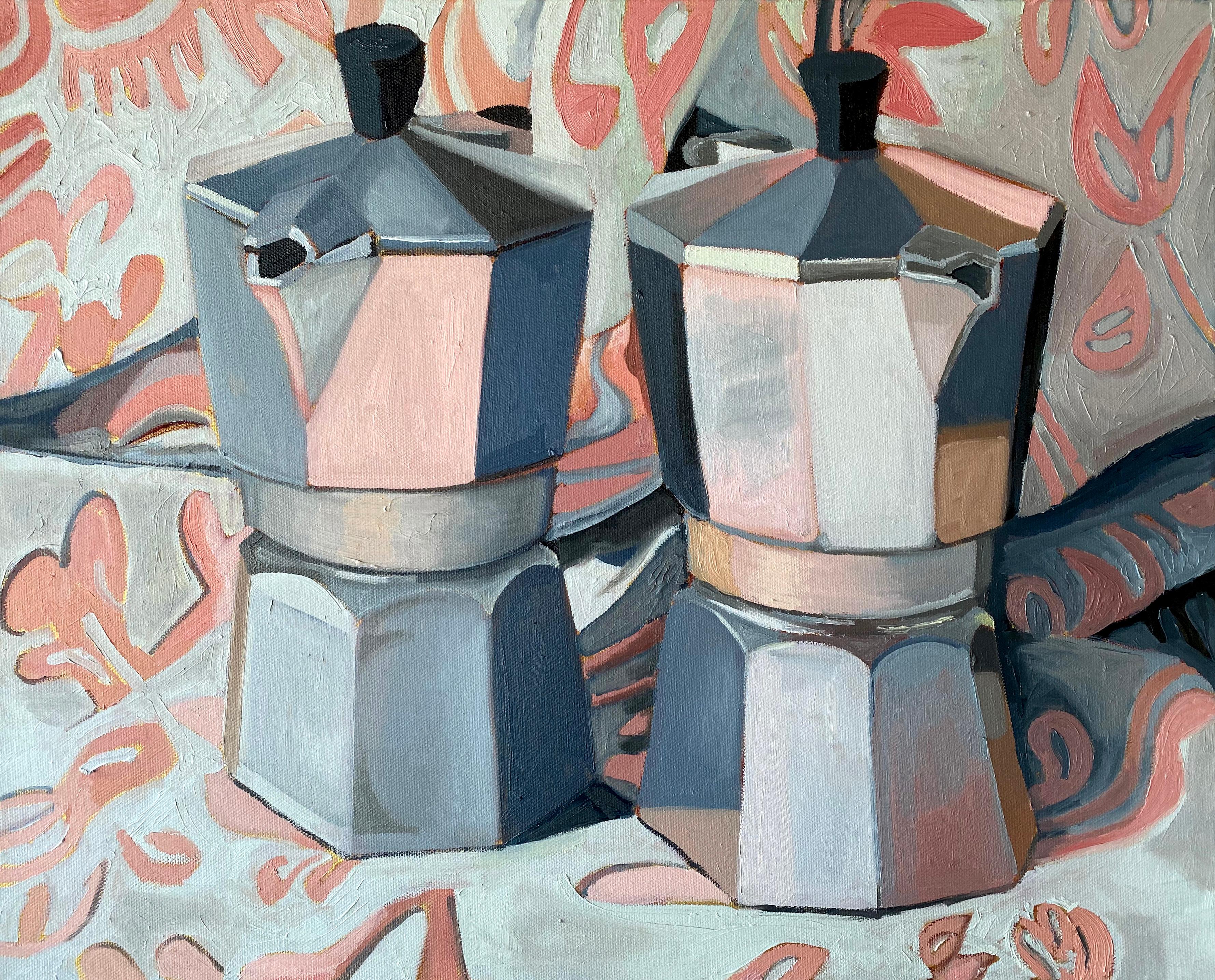 Rachel Srinivasan Still-Life Painting - Pink Pattern Coffee, Oil Painting