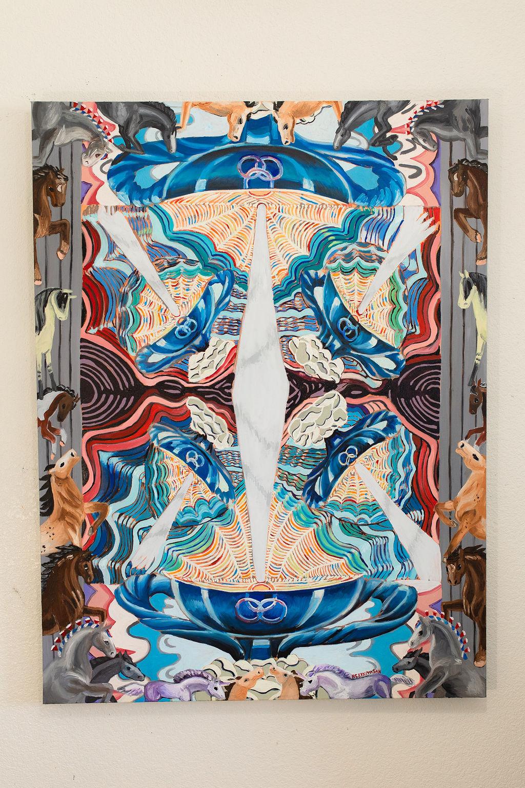 <p>Kommentare des Künstlers<br>Wasser, Wellen, Gefäße und die Farbe Blau stehen in der Kosmologie des Tarot symbolisch für Gefühle. Galoppierende Pferde und Einhörner umrahmen die Szene. Das Kunstwerk ist Teil der Tarot-Serie der Künstlerin Rachel