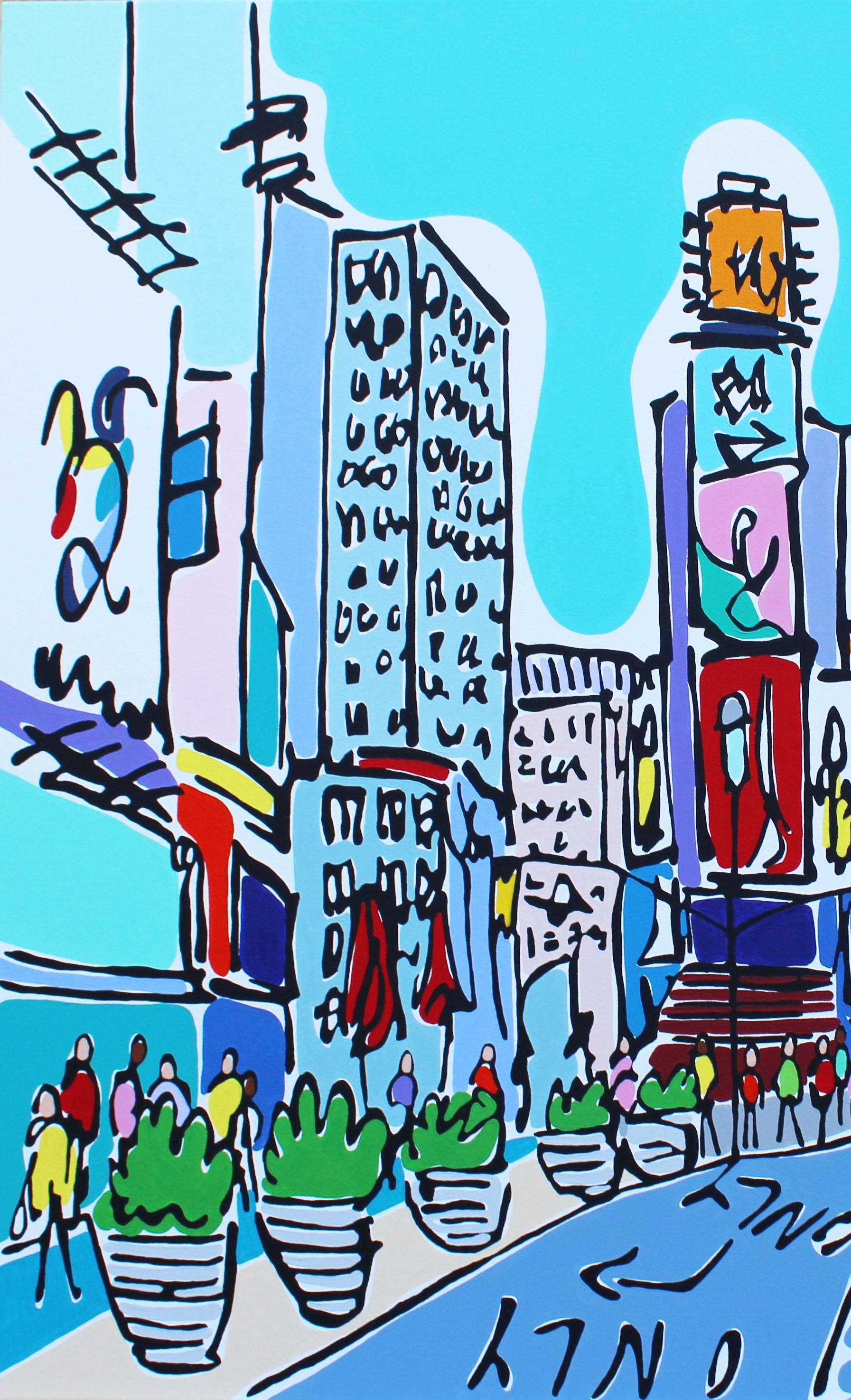 Une promenade à Times Square - Bleu Landscape Painting par Rachel Tighe