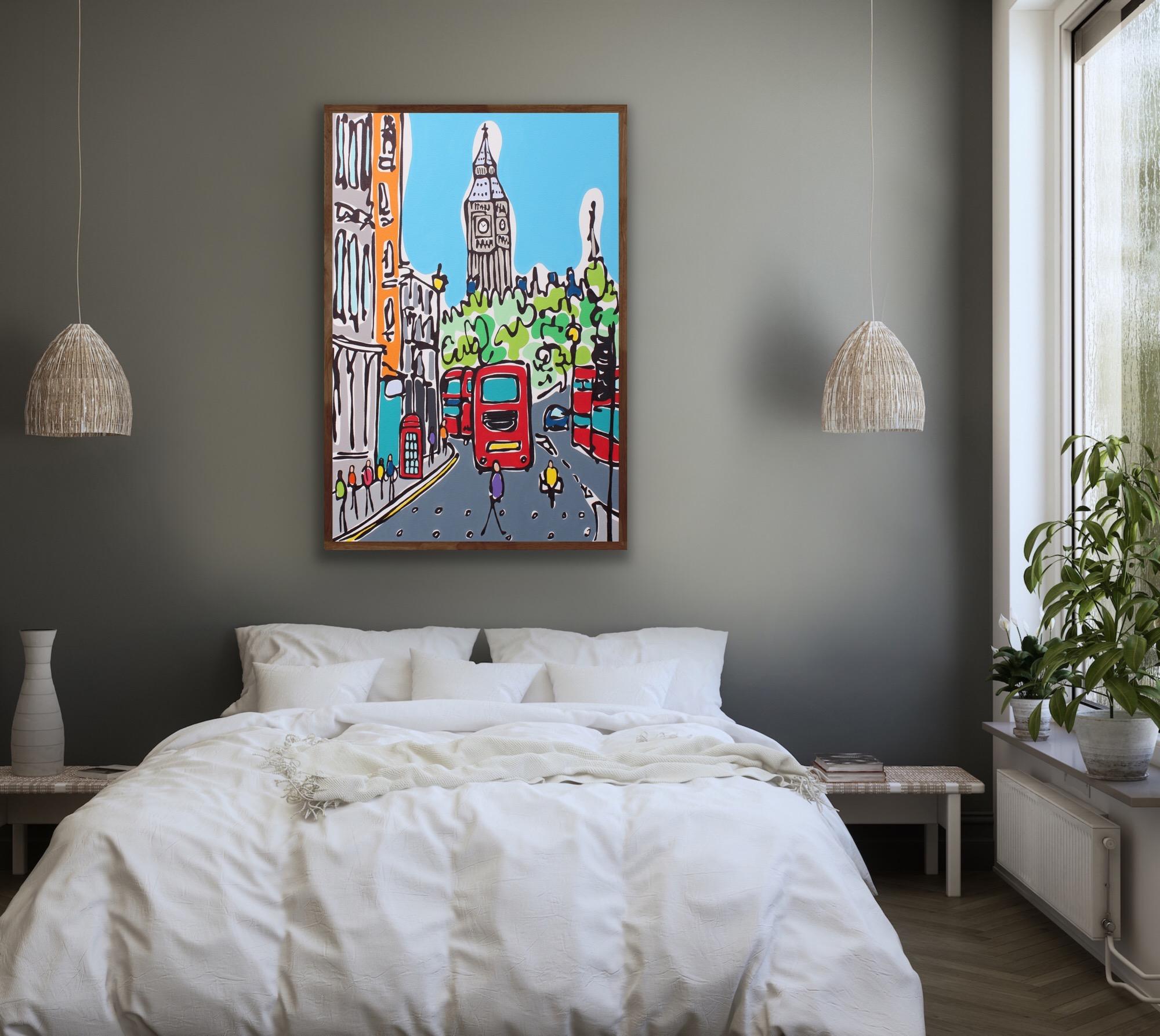 A painting of a walk from Trafalgar Square to Westminster in the hustle and bustle of London.

Additional information:
London Summer by Rachel Tighe [2022]
Acrylic on Canvas
Original painting
Hand signed by the artist 
Image size: H:91 cm x W:61