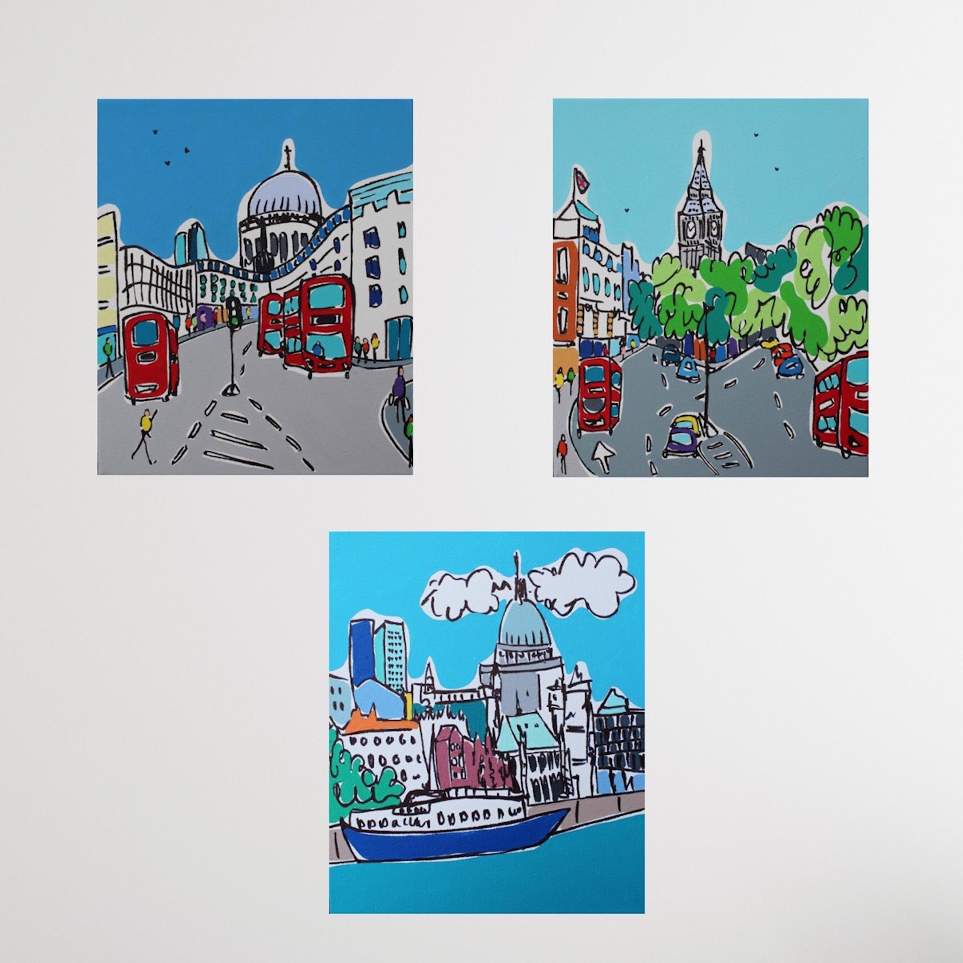 Triptyque London, Rachel Tighe, peintures originales de Londres, œuvre d'art abordable