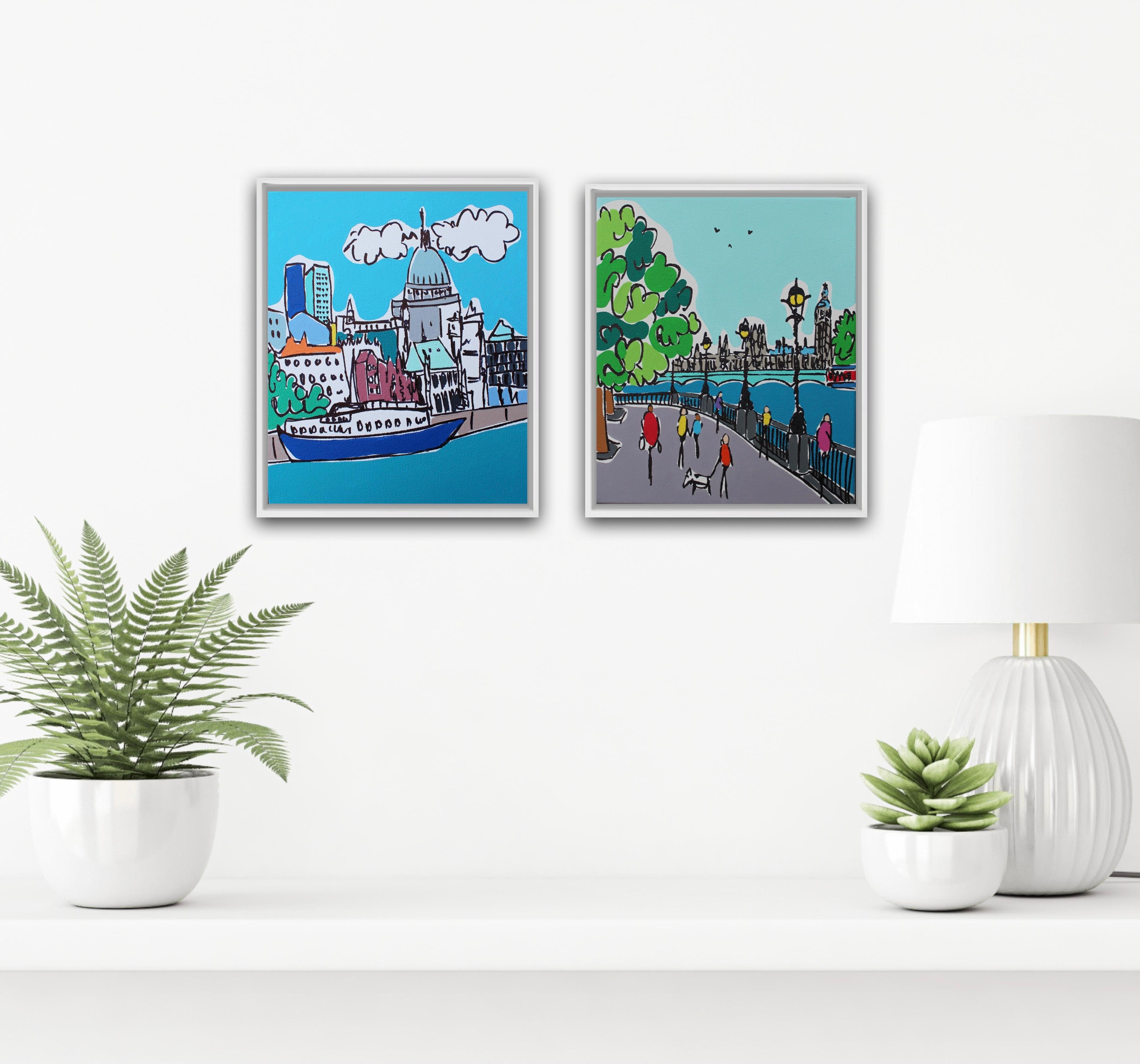Mini Boat on the Thames and Mini London Southbank Winter diptych - Painting by Rachel Tighe