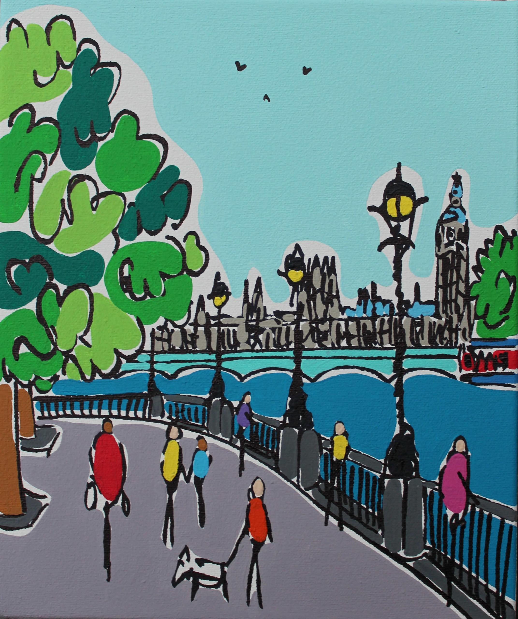 Mini Boat on the Thames and Mini London Southbank Winter diptych - Impressionist Painting by Rachel Tighe